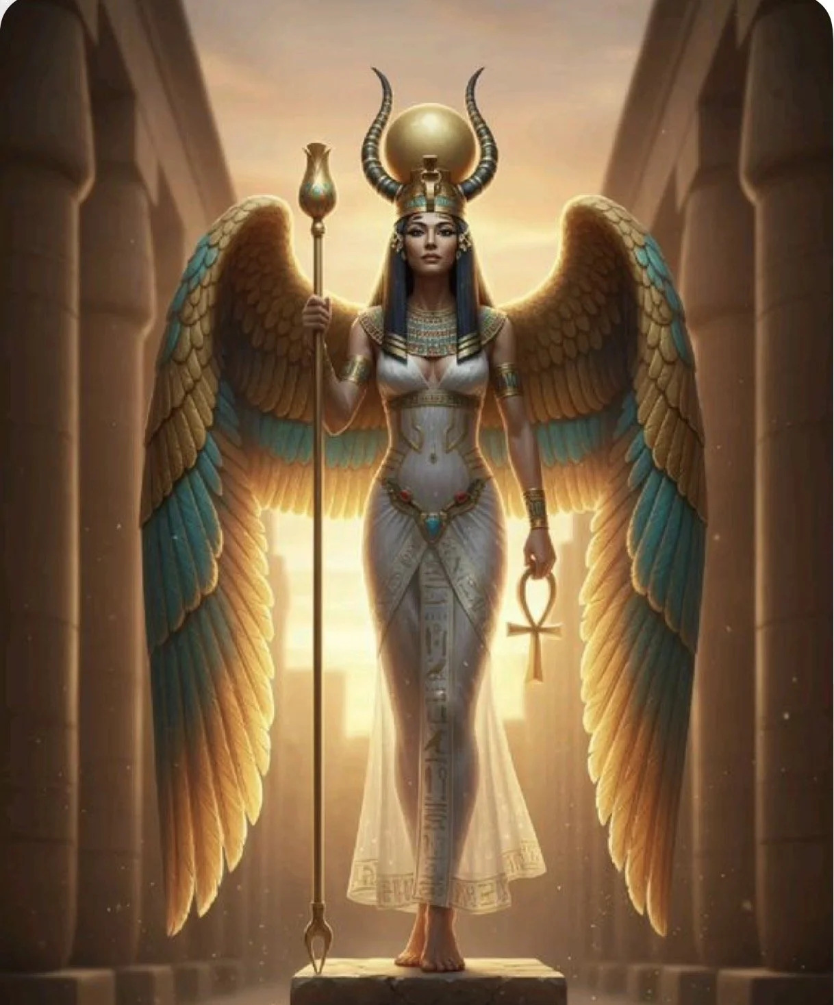 A digital illustration of an Egyptian goddess with large golden and turquoise wings, wearing a white dress with gold and turquoise jewelry, a headdress with a sun disk and horns, holding an ankh and a staff, standing among ancient stone pillars with a sunset background.