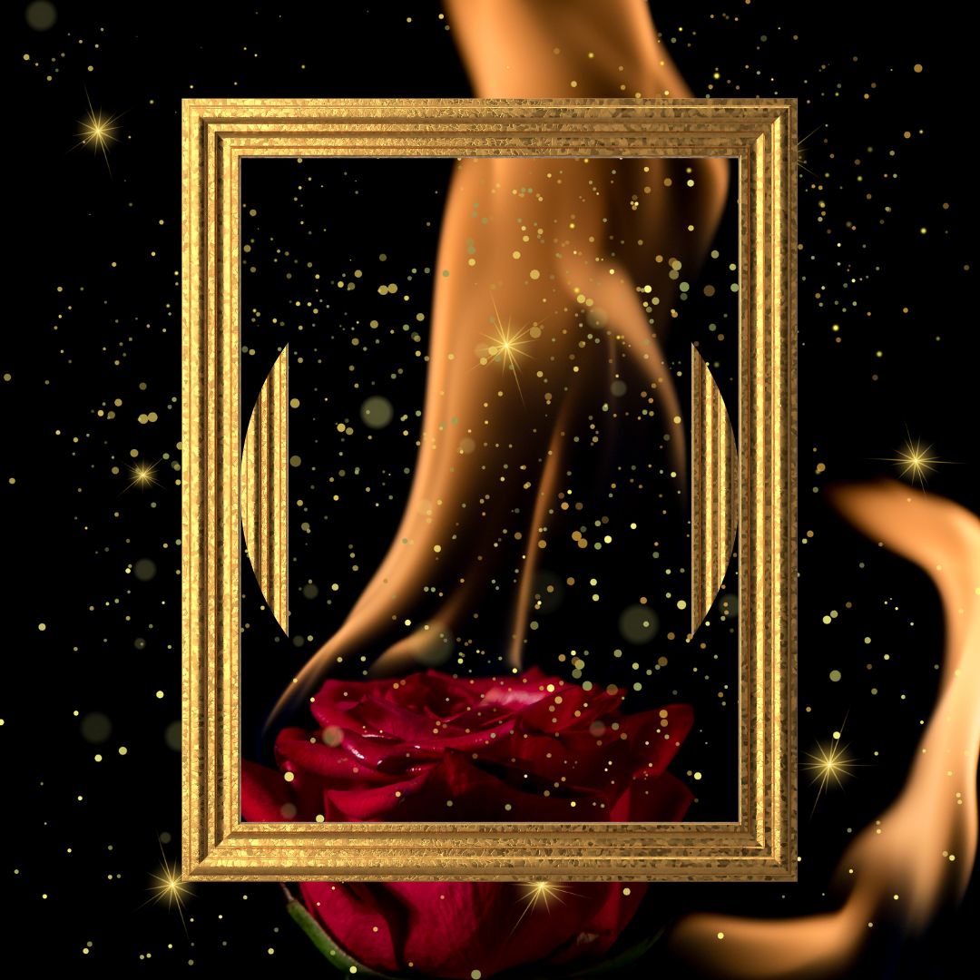 A digital art image of a red rose on fire with flames, set within a golden picture frame and surrounded by glowing golden sparkles and a black background.
