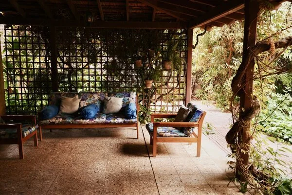 A covered porch with a wooden bench and chair, both with patterned cushions, facing a lattice wall with hanging plants. Outside, there is greenery and a pathway.