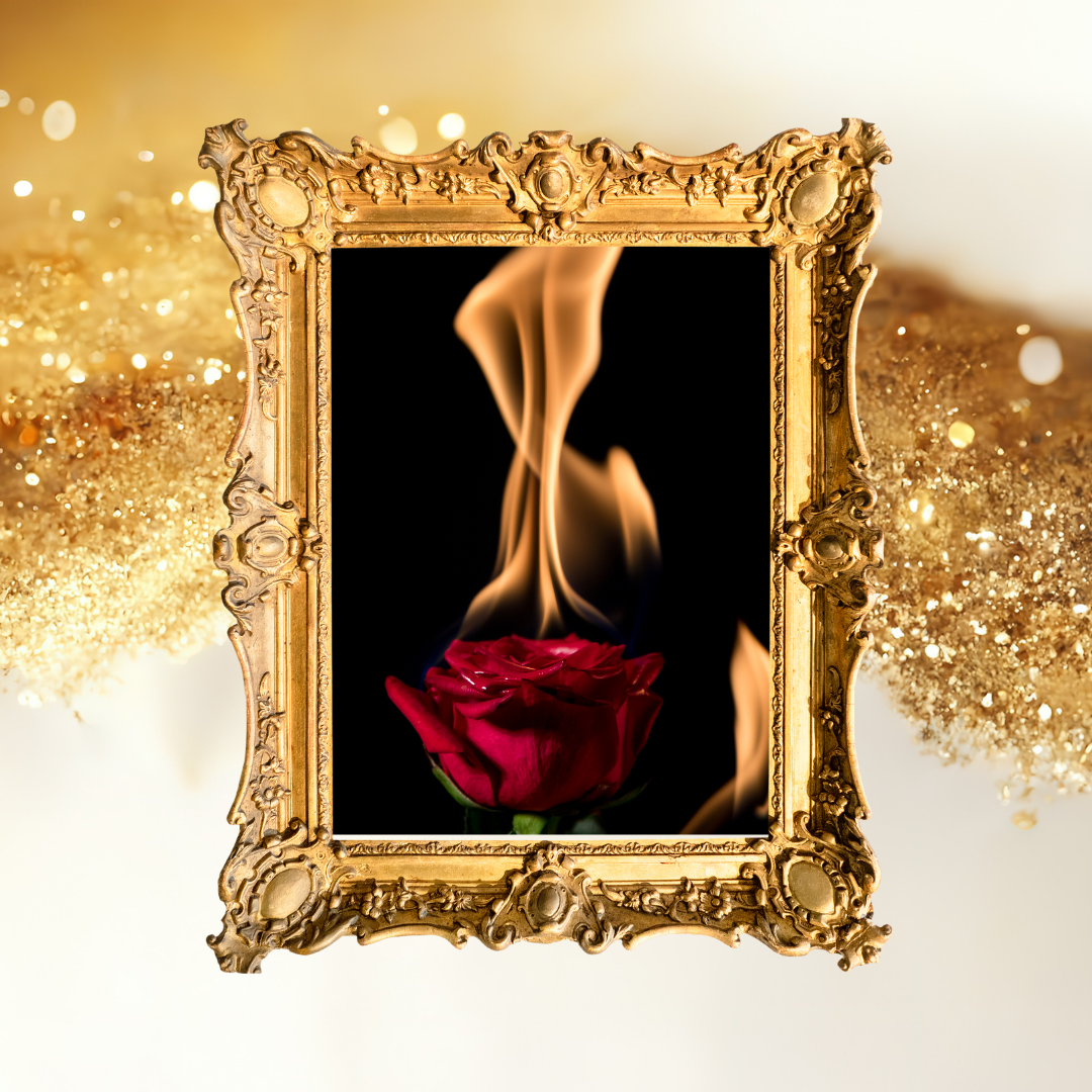 A digital art image of a red rose on fire with flames, set within a golden picture frame and surrounded by glowing golden sparkles and a black background.