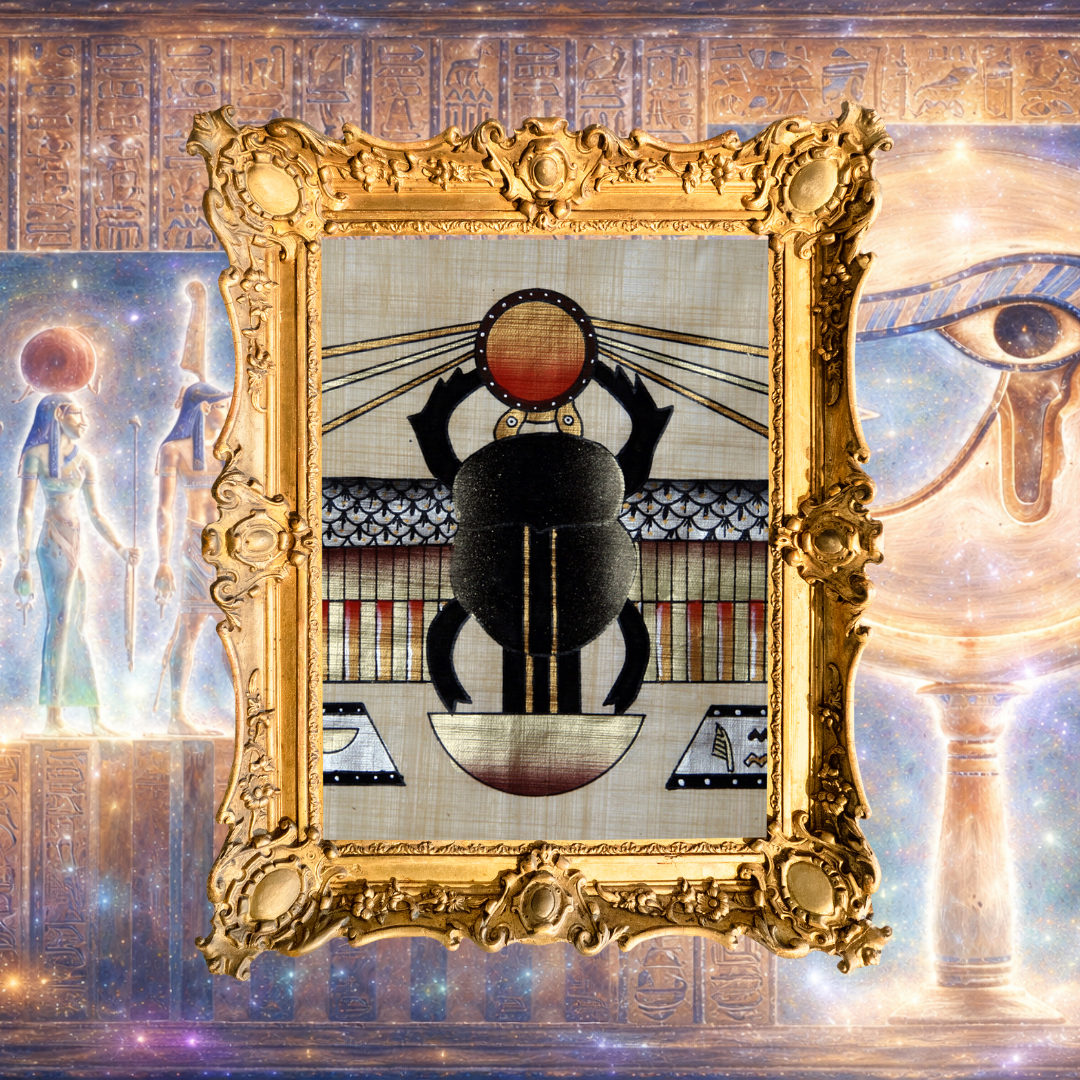 A digital art image of a red rose on fire with flames, set within a golden picture frame and surrounded by glowing golden sparkles and a black background.
