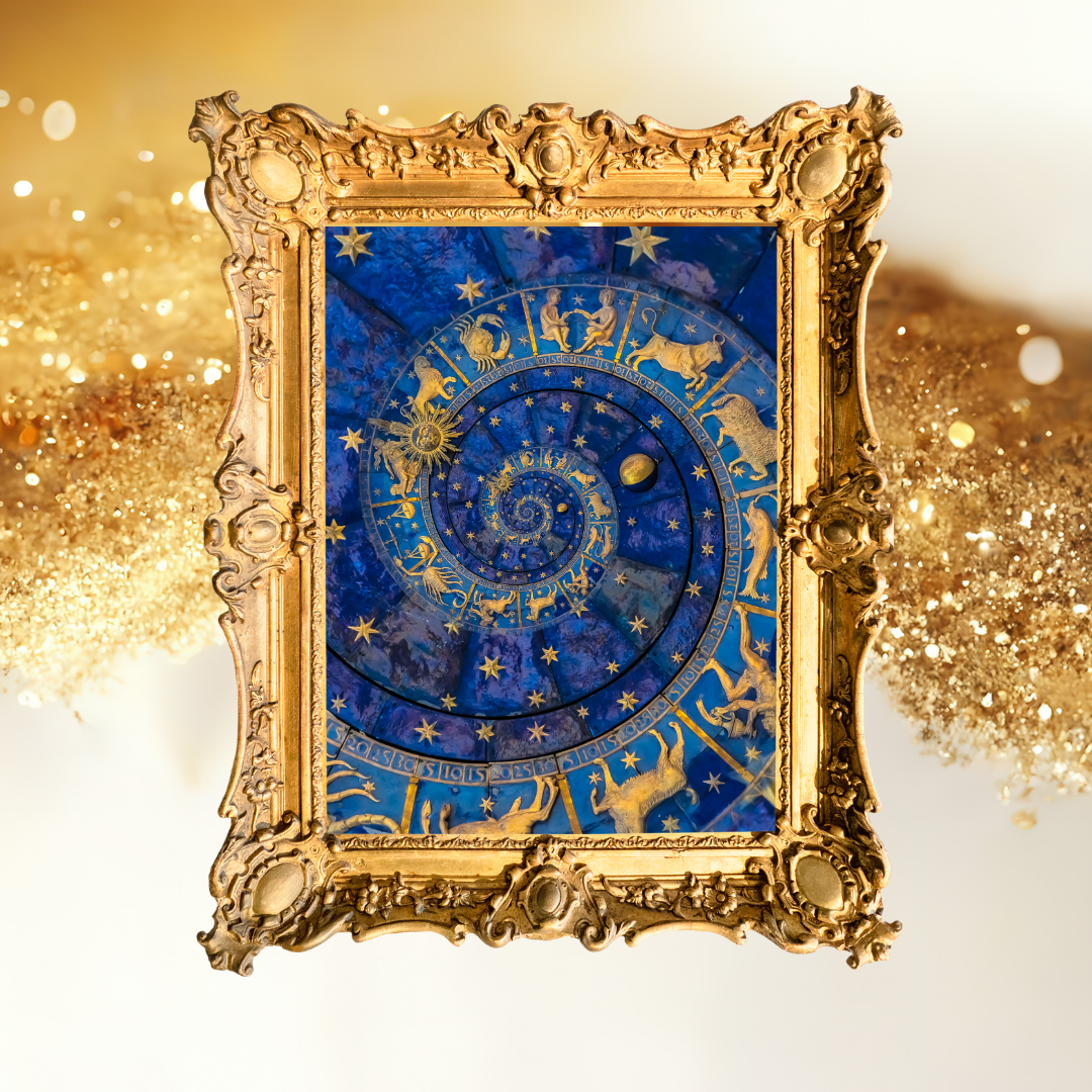 A glowing astrology chart with zodiac signs, surrounded by sparkles and framed in a gold border, set against a cosmic background with stars and bright light.