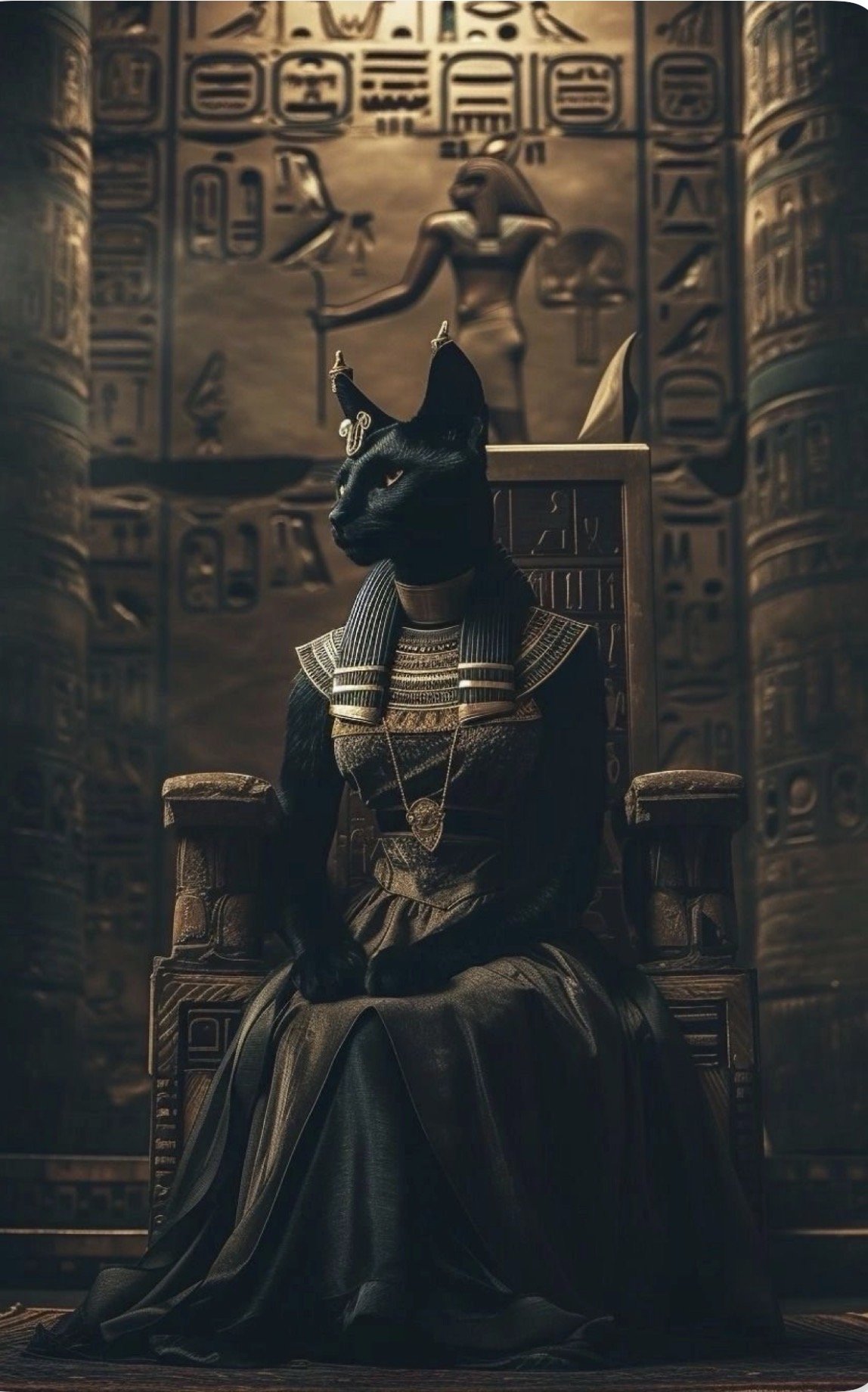 A black anthropomorphic cat dressed as an Egyptian pharaoh sitting on a throne with detailed gold and black jewelry and an elaborate headdress, in front of hieroglyphic carvings and a large ancient Egyptian statue in the background.