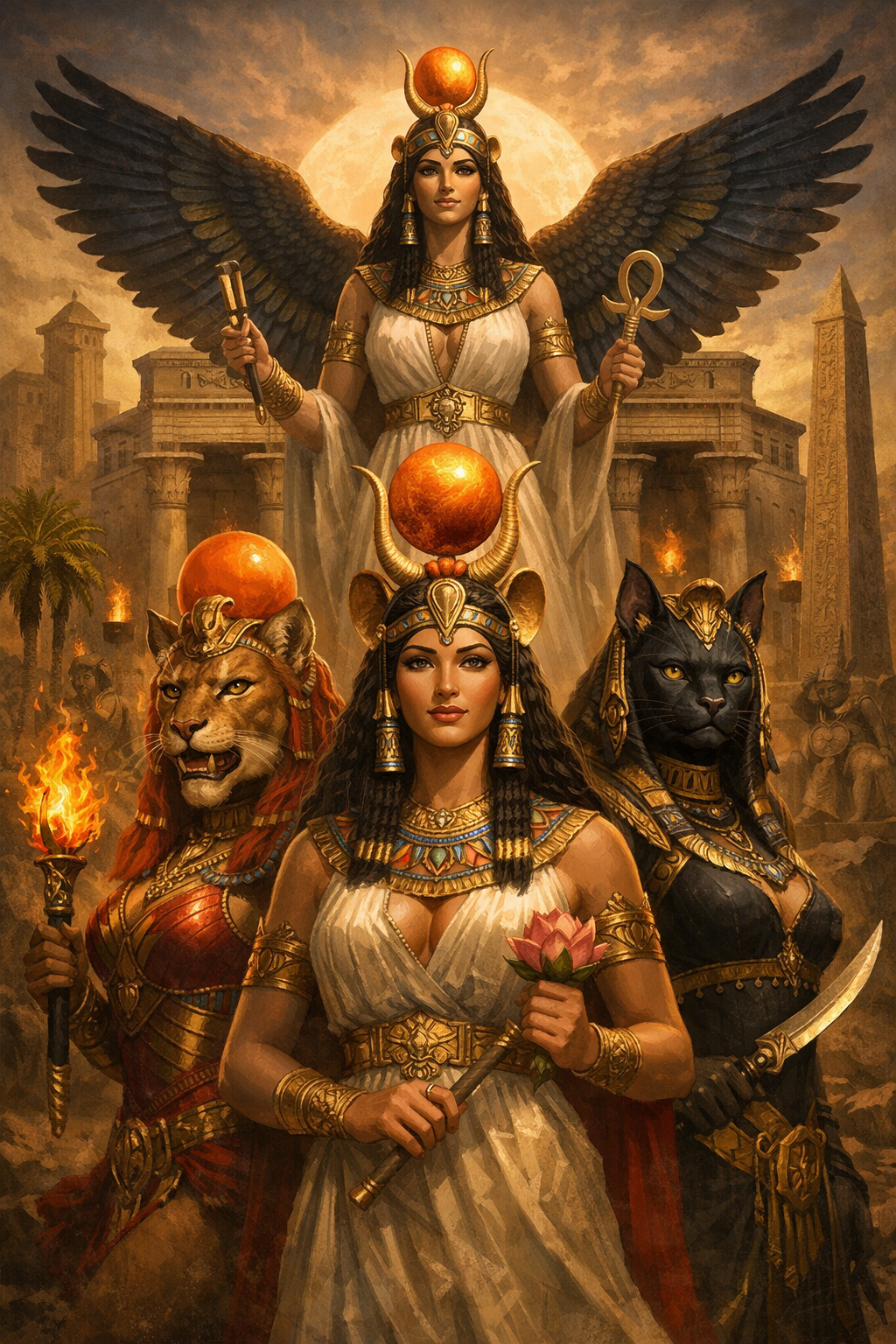 Three women dressed as Egyptian goddesses with animal features, surrounded by pyramids and ancient ruins, with a fiery backdrop.