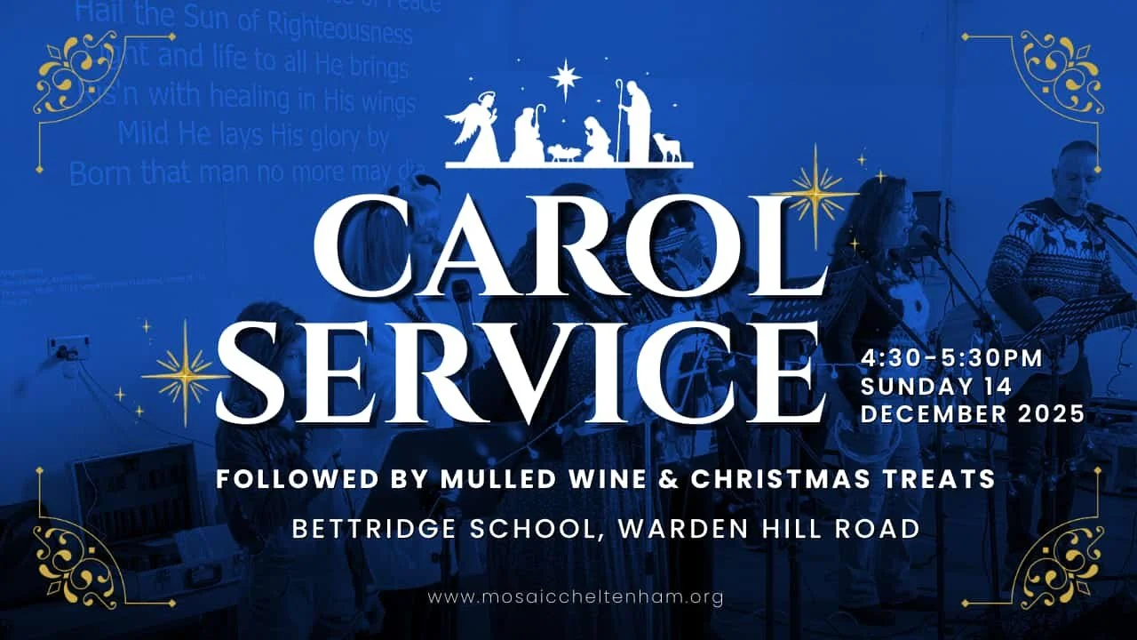 Band leading Christmas carols at a Mosaic Church service in Cheltenham with festive design elements