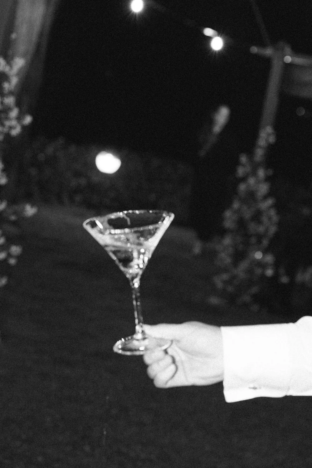 A martini glass raised at night at Lago Maggiore, black and white