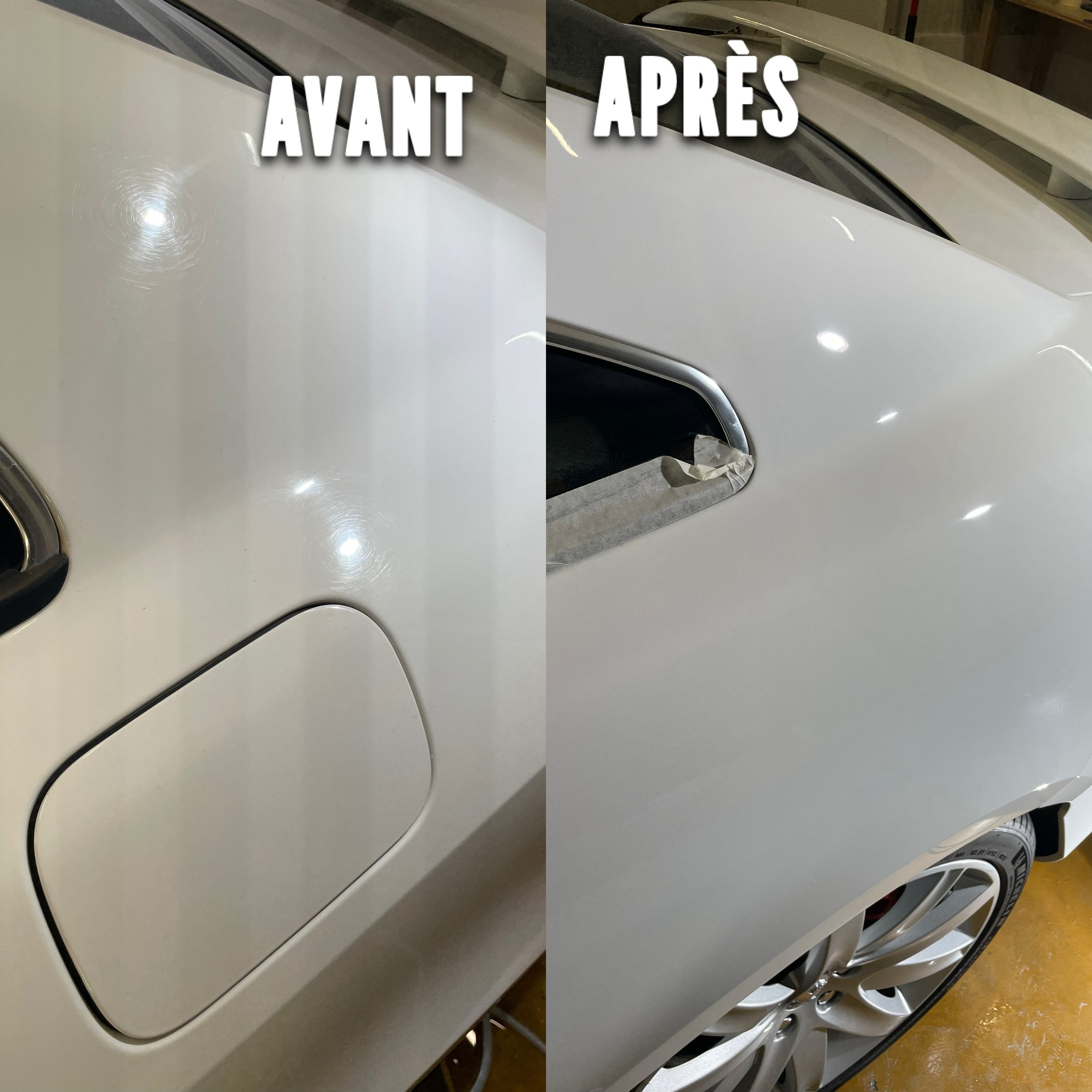 Une voiture blanche avant et après un nettoyage ou une réparation. La partie avant montre une surface plus sale ou endommagée, tandis que la partie après est propre et brillante, avec un reflet visible.