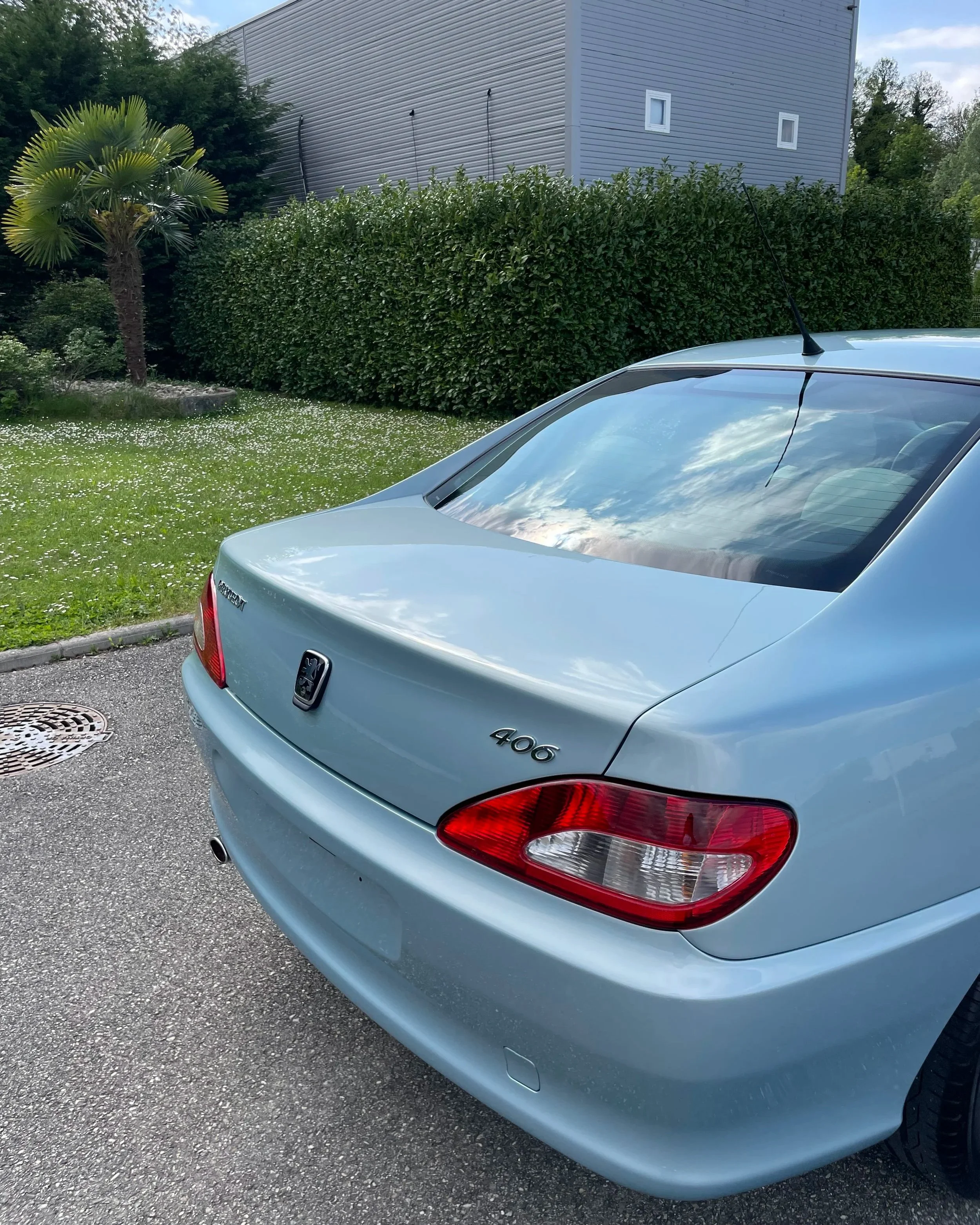 Voiture Peugeot 406 grise garée sur une route, avec un bâtiment moderne, des buissons et un arbre palmier en arrière-plan.