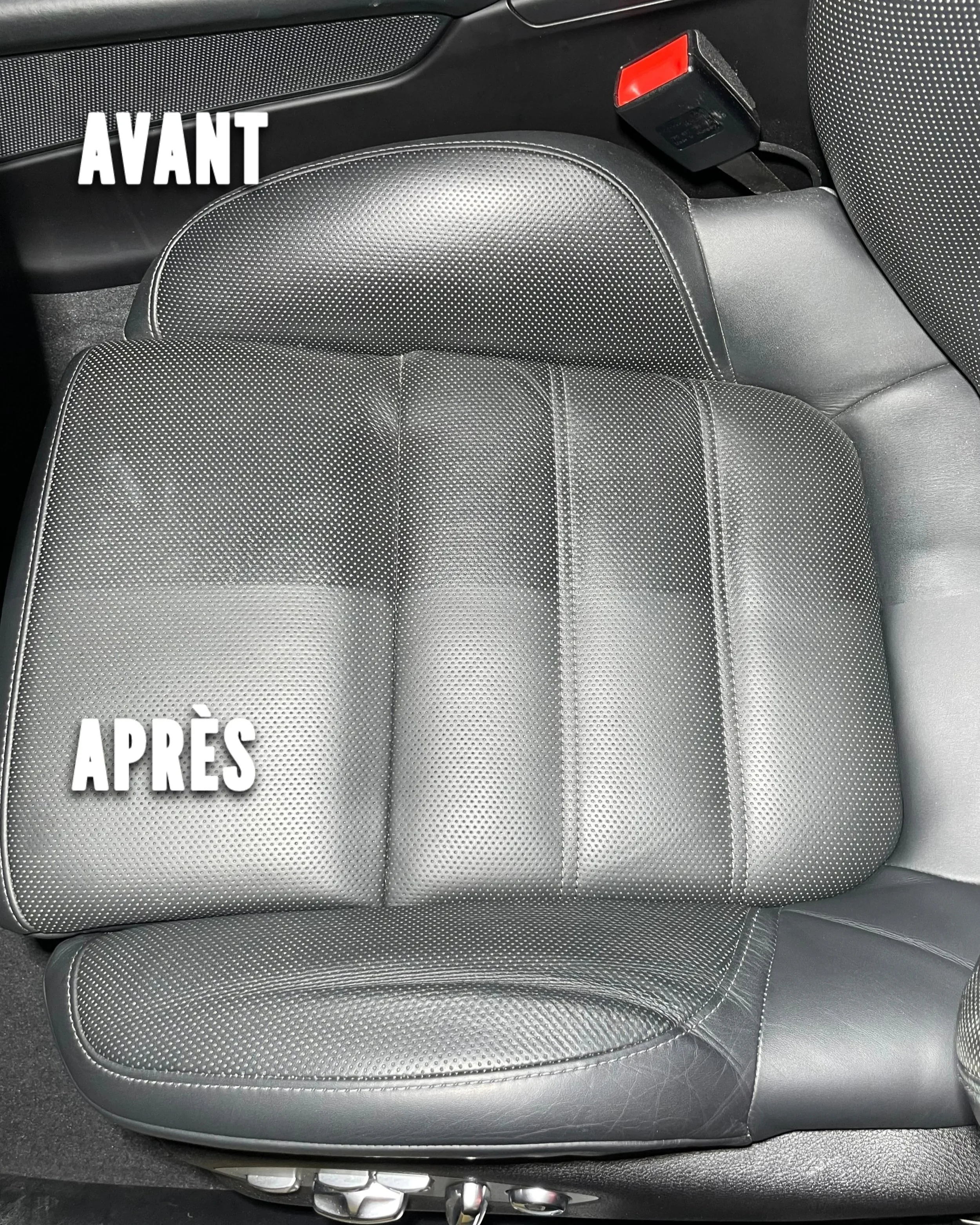 Siège de voiture avant après nettoyage, en cuir noir avec couture contrastée