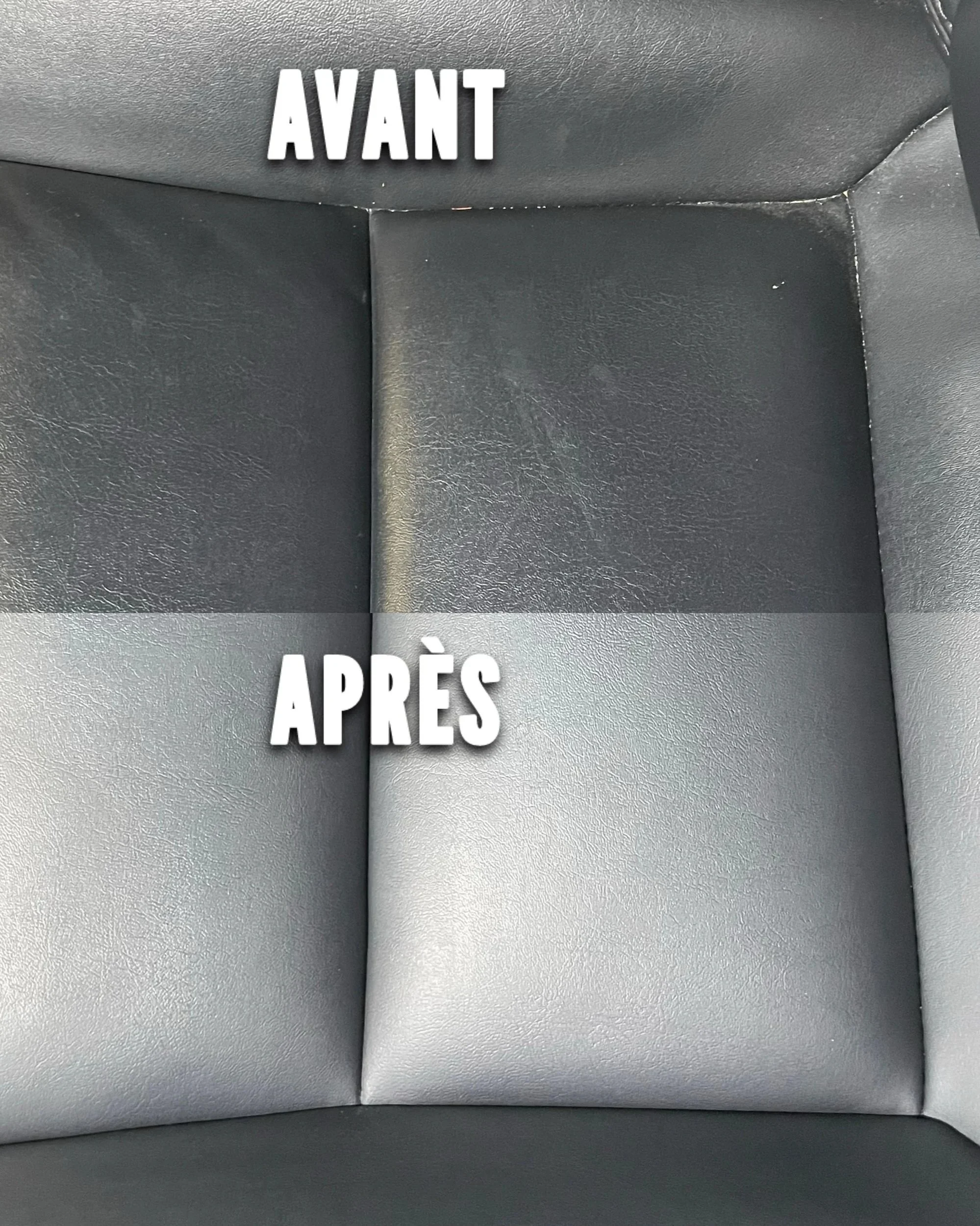 Photo montrant la différence entre un siège en cuir noir sale et un siège en cuir noir propre, avec le texte 'AVANT' sur la partie sale et 'APRÈS' sur la partie propre.
