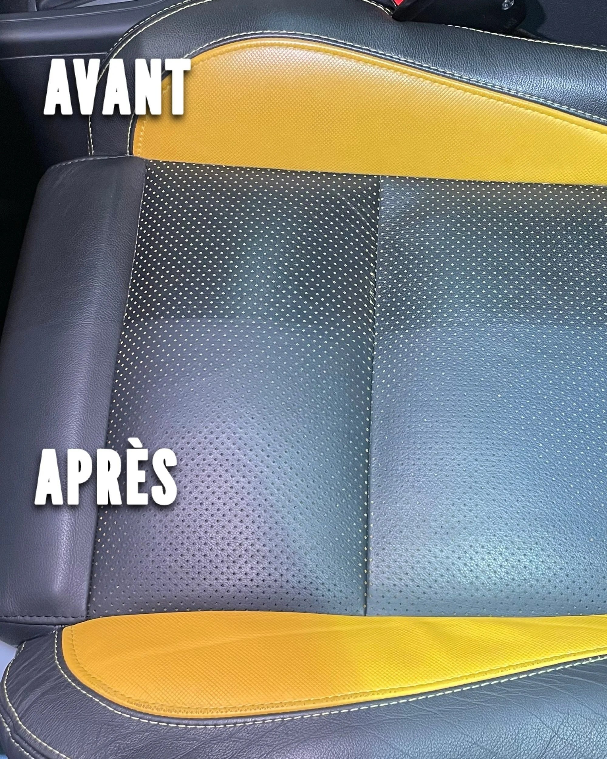 Avant et après le nettoyage ou la réparation d'une assise de voiture en cuir, montrant une différence de couleur et de texture.