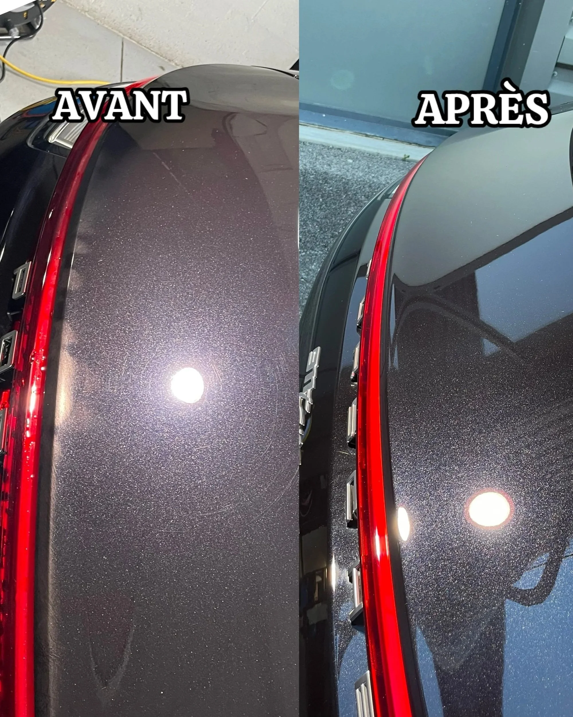 Avant et après un nettoyage de la surface d'une voiture noire, montrant une surface sale puis propre