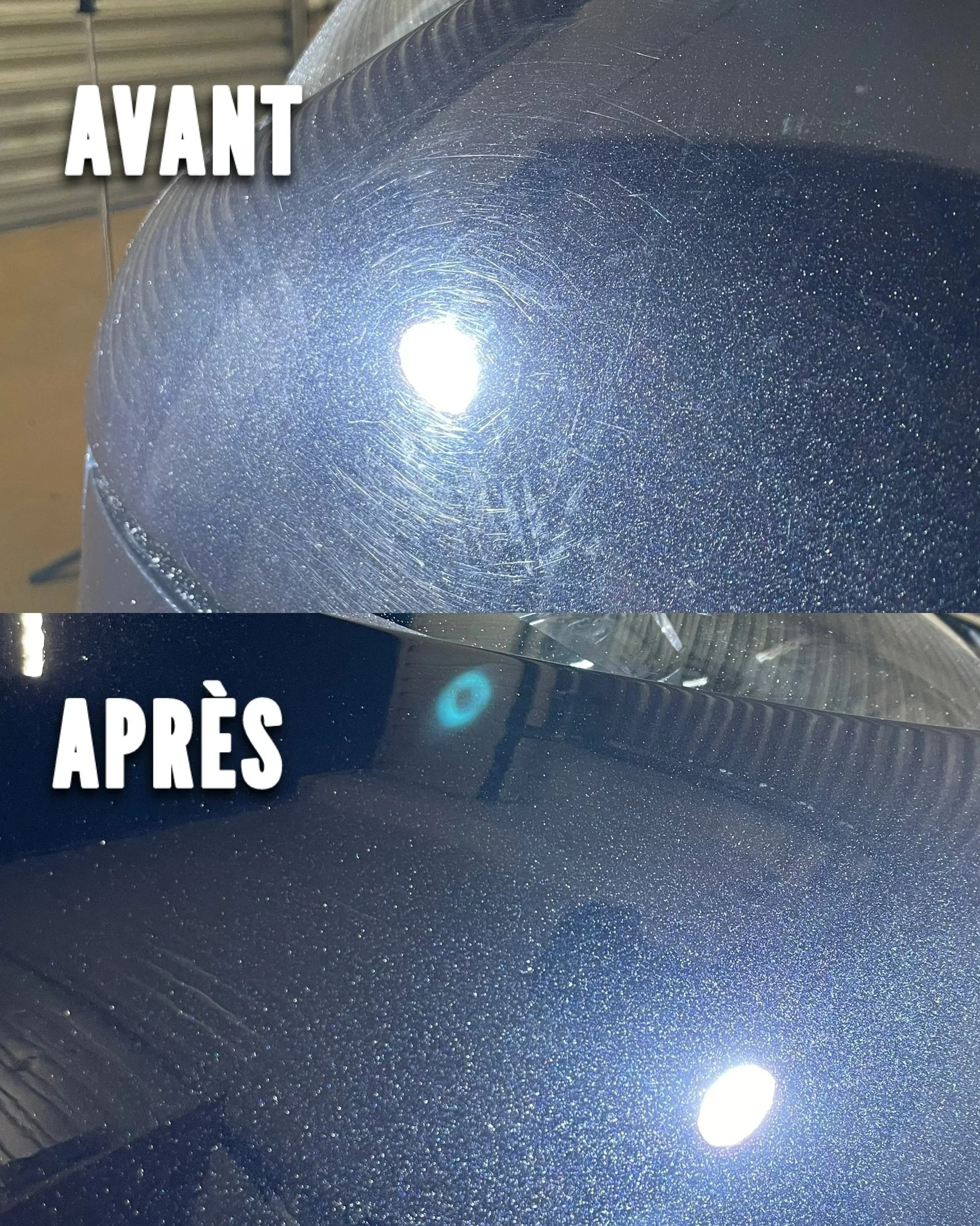 Avant et après une polishing d'une surface de voiture, montrant la réduction des rayures et la surface plus lisse et brillante.