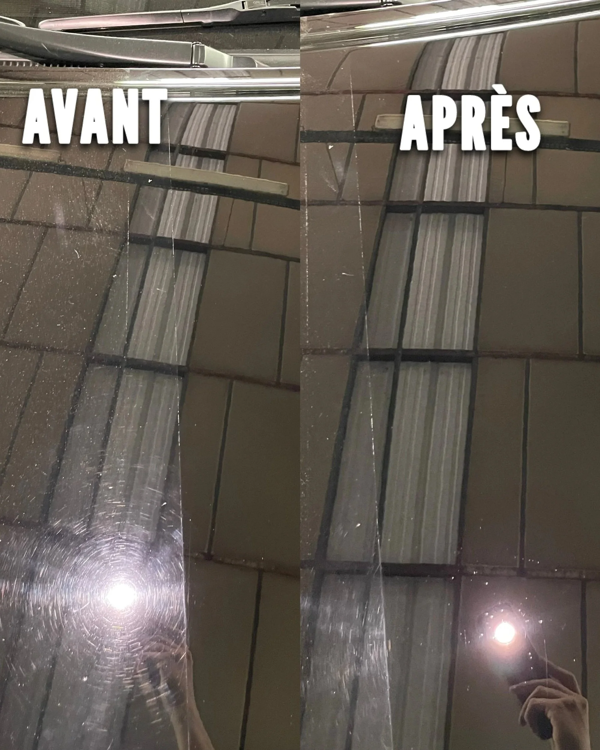 Photo avant et après d'une vitre de fenêtre. La vitre avant est sale avec des rayures et des traces de poussière, la vitre après est propre et claire. Sur la photo après, on voit un reflet de lumière et une main tenant une lampe torche ou un téléphon