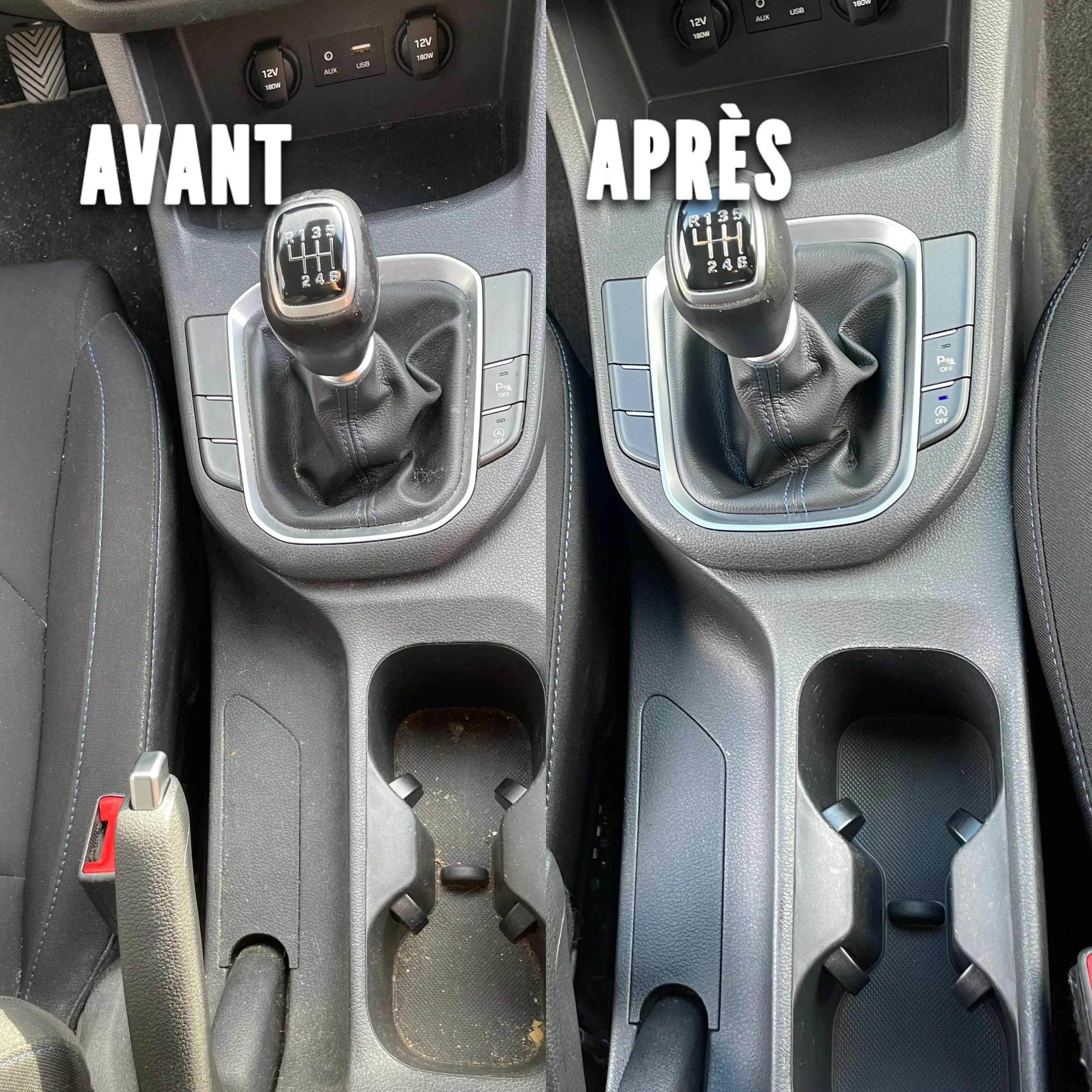 Intérieur d'une voiture montrant le levier de vitesse avec avant et après, le compartiment de rangement et la boîte à gants.