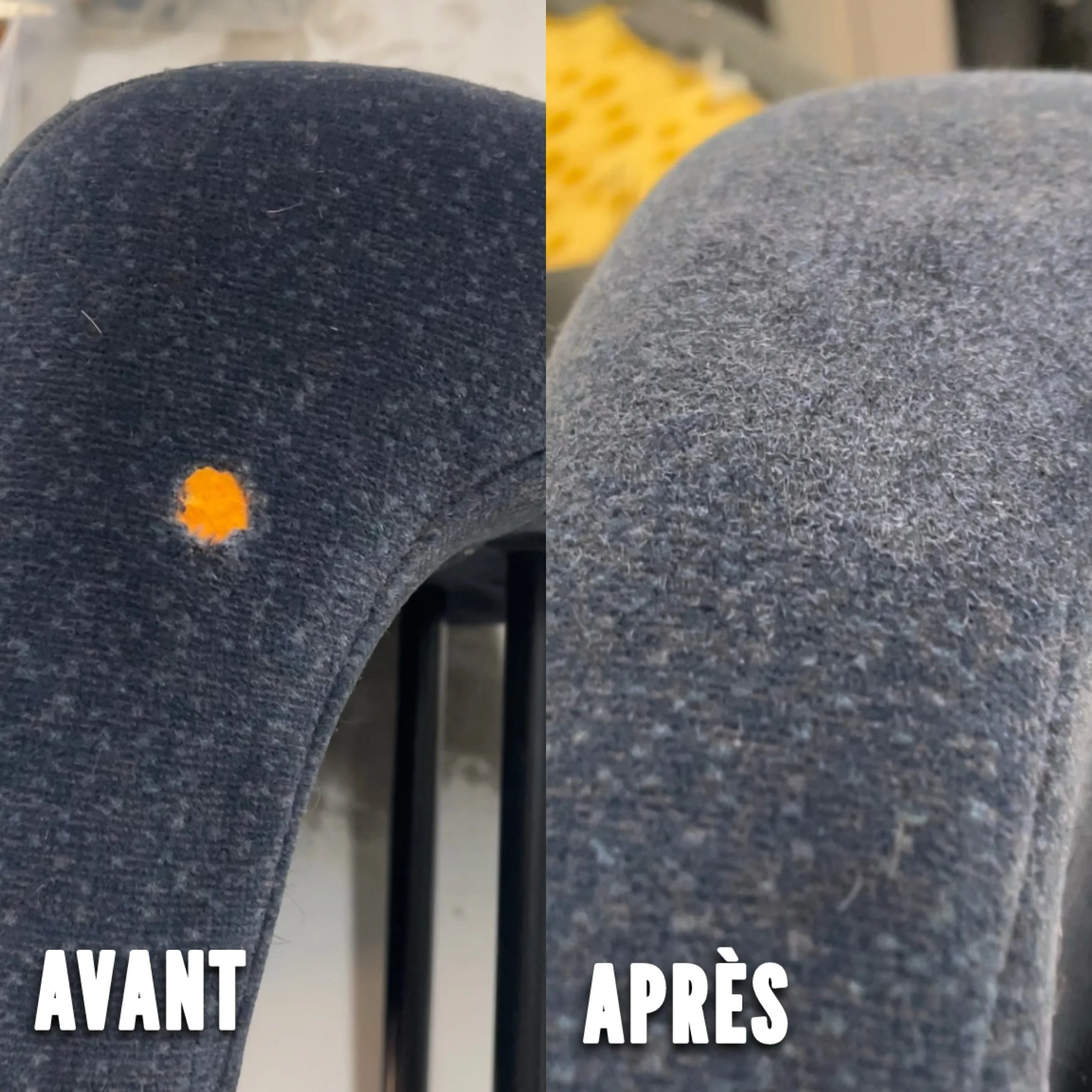 Avant et après nettoyage d'une surface en tissu foncé, avec une petite tache orange sur la partie gauche.