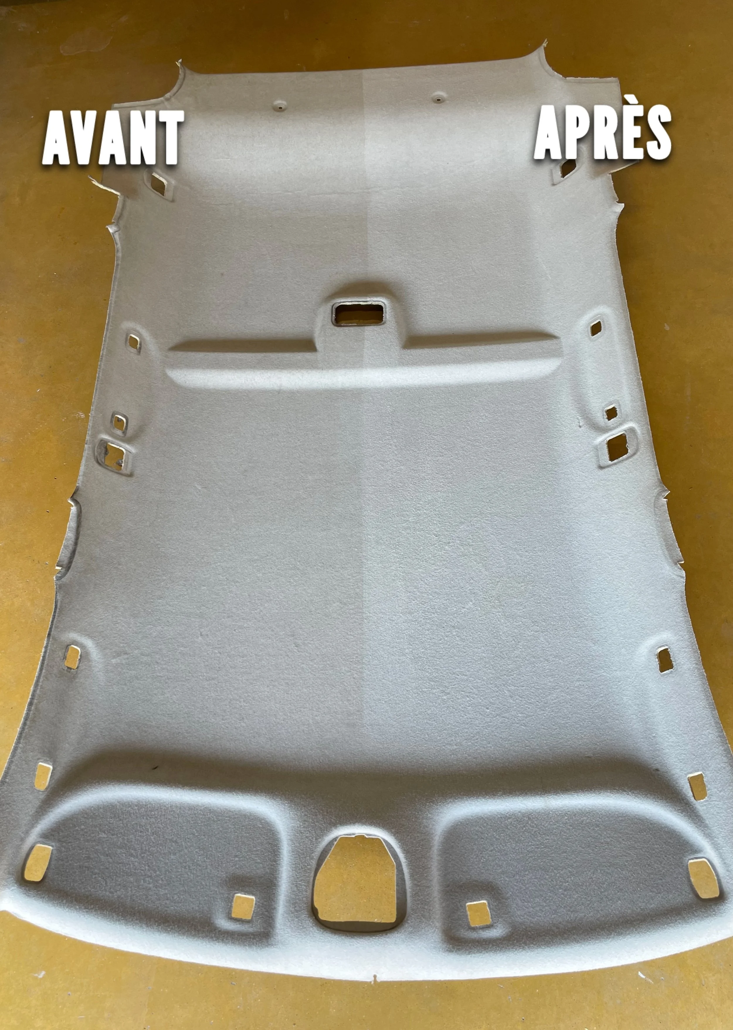 Ceci est une photo d'un panneau de carrosserie de voiture, avec une moitié affichant l'état avant le traitement et l'autre après, montrant une différence de nettoyage ou de réparation.