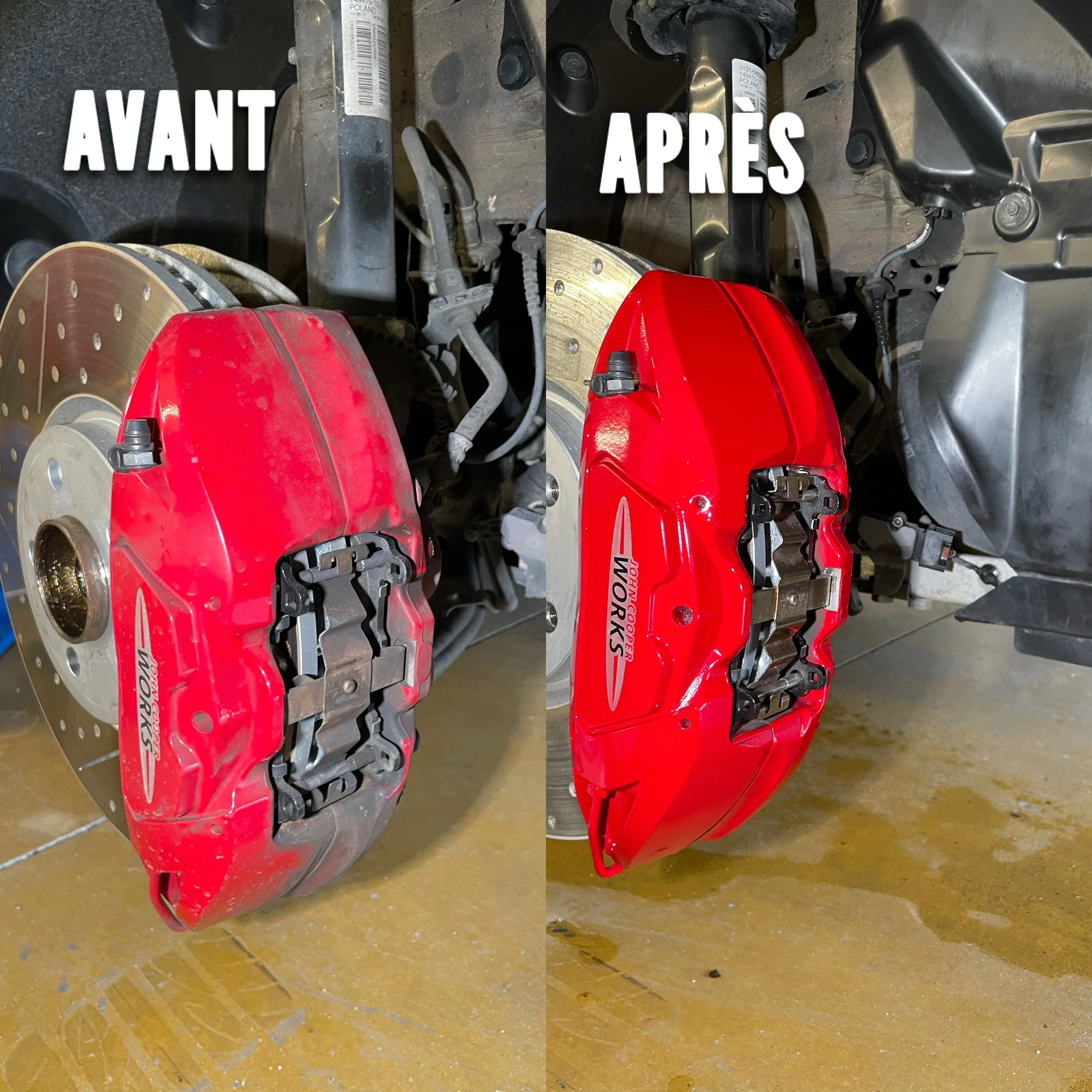 Avant et après de freins de voiture, avant sale et après nettoyage, avec logo 'Honda Power Works'.