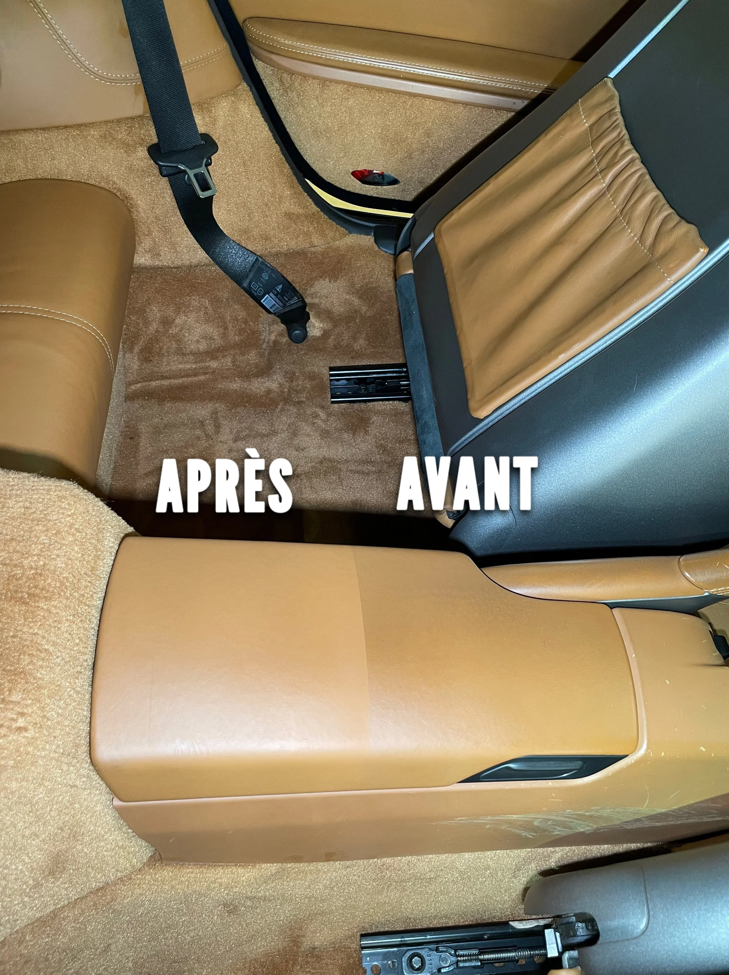 Intérieur d'une voiture, montrant la différence entre le siège avant et l'espace derrière, avec des mots 'APrès' sur l'espace nettoyé et 'AVANT' sur l'espace sale.