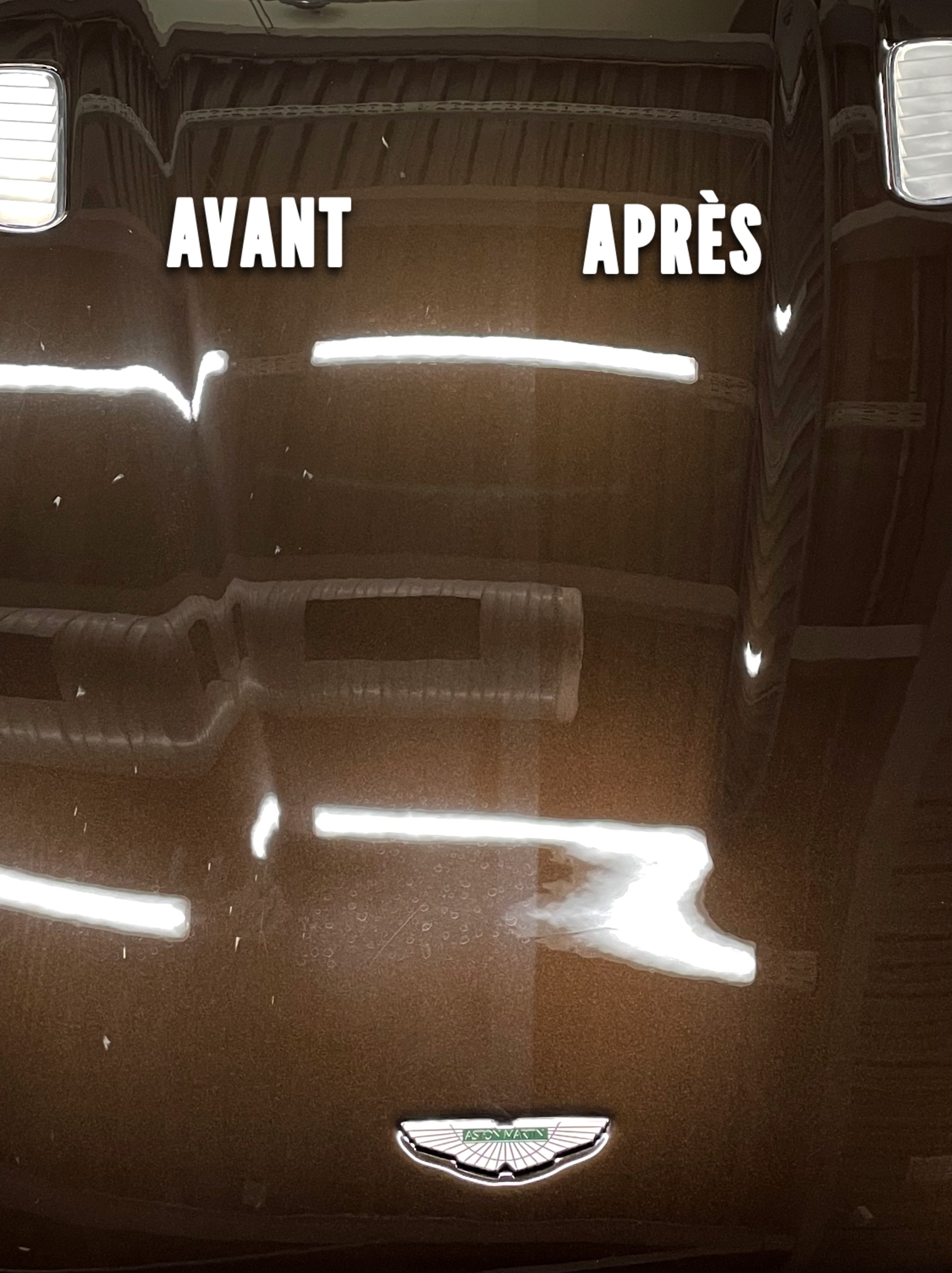 Photo de la capote d'une voiture Aston Martin, montrant la zone du capot avant, avec une comparaison de l'état avant et après le nettoyage ou la réparation.