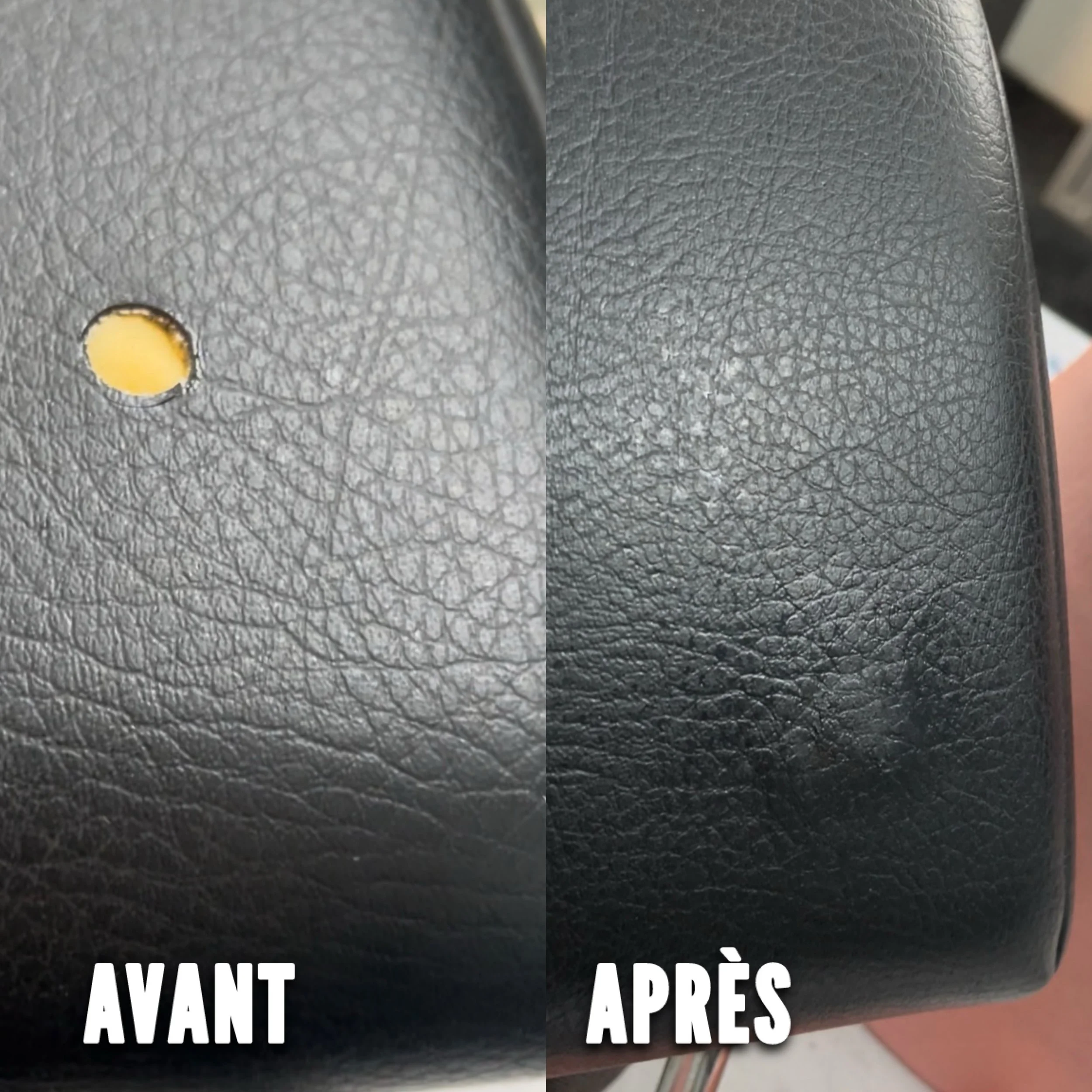 Photo montrant un cuir de chaise avant et après nettoyage, avec le côté gauche ayant une tache et le côté droit propre.