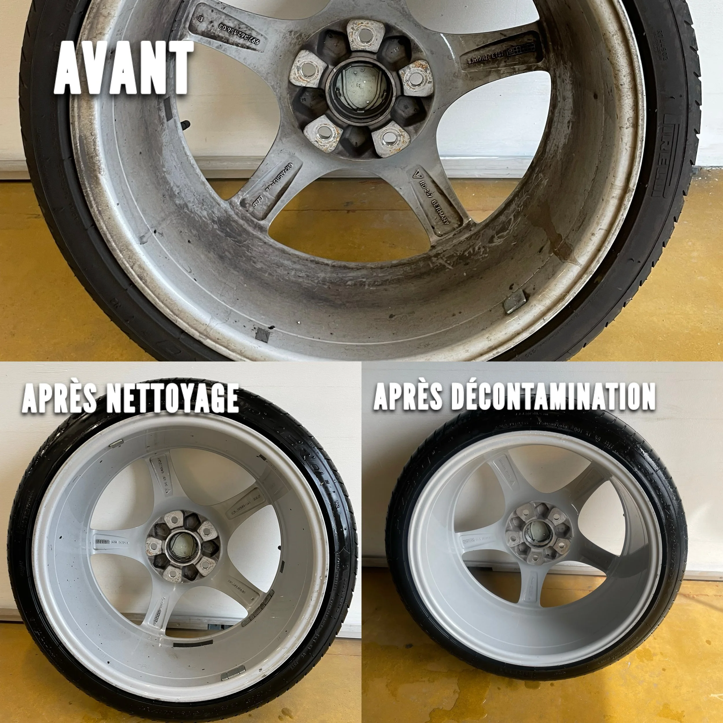 Trois images de jantes de voiture. La première montre une jante sale et usée avec du ciment et de la poussière. La deuxième montre la même jante après nettoyage, propre et brillant. La troisième montre la même jante après décontamination, encore plus