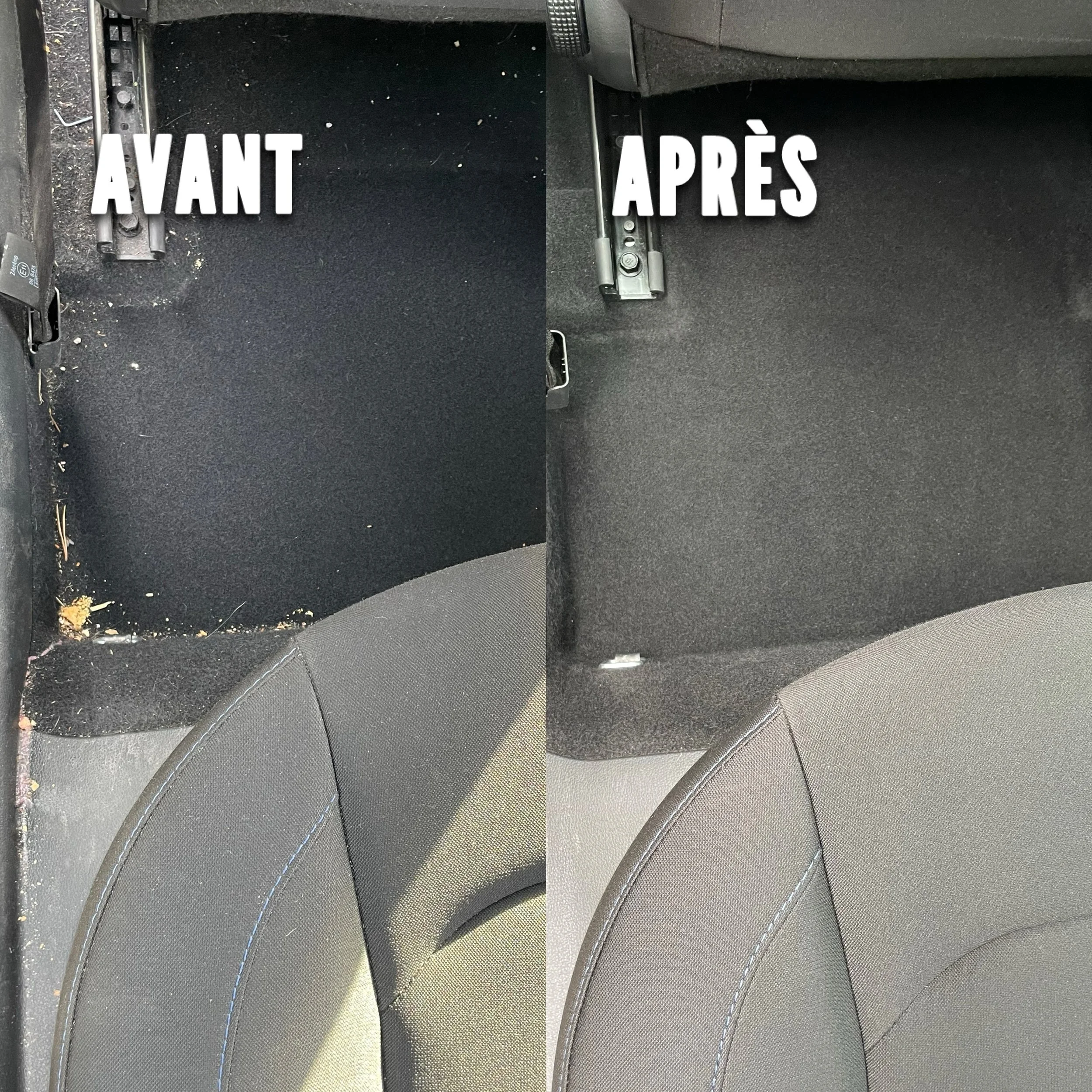 Comparaison de tapis de voiture avant et après nettoyage, poussière et débris visibles dans la partie gauche, nettoyée et propre dans la partie droite.