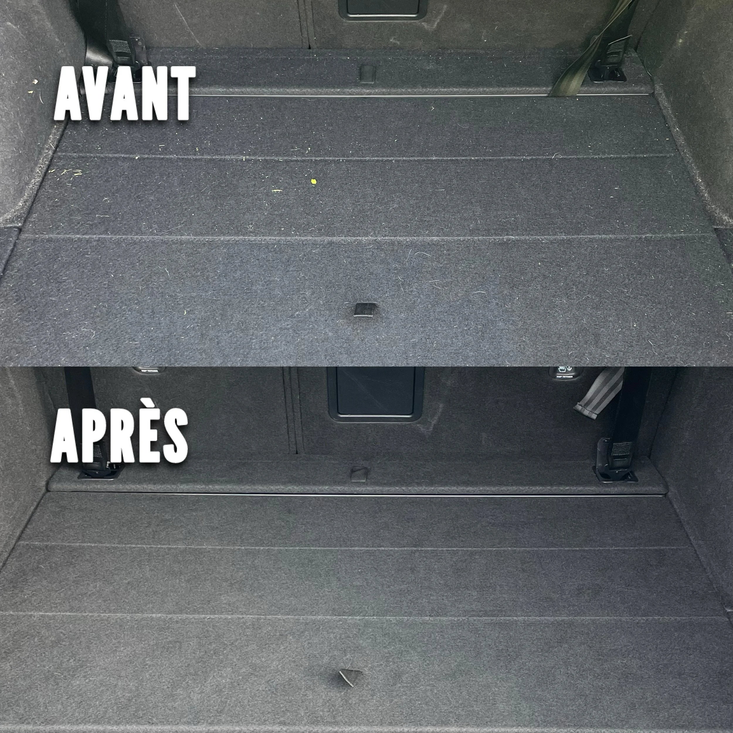Avant et après le nettoyage du coffre d'une voiture, le dessus est sale avec des débris et la partie inférieure est propre et rangée.