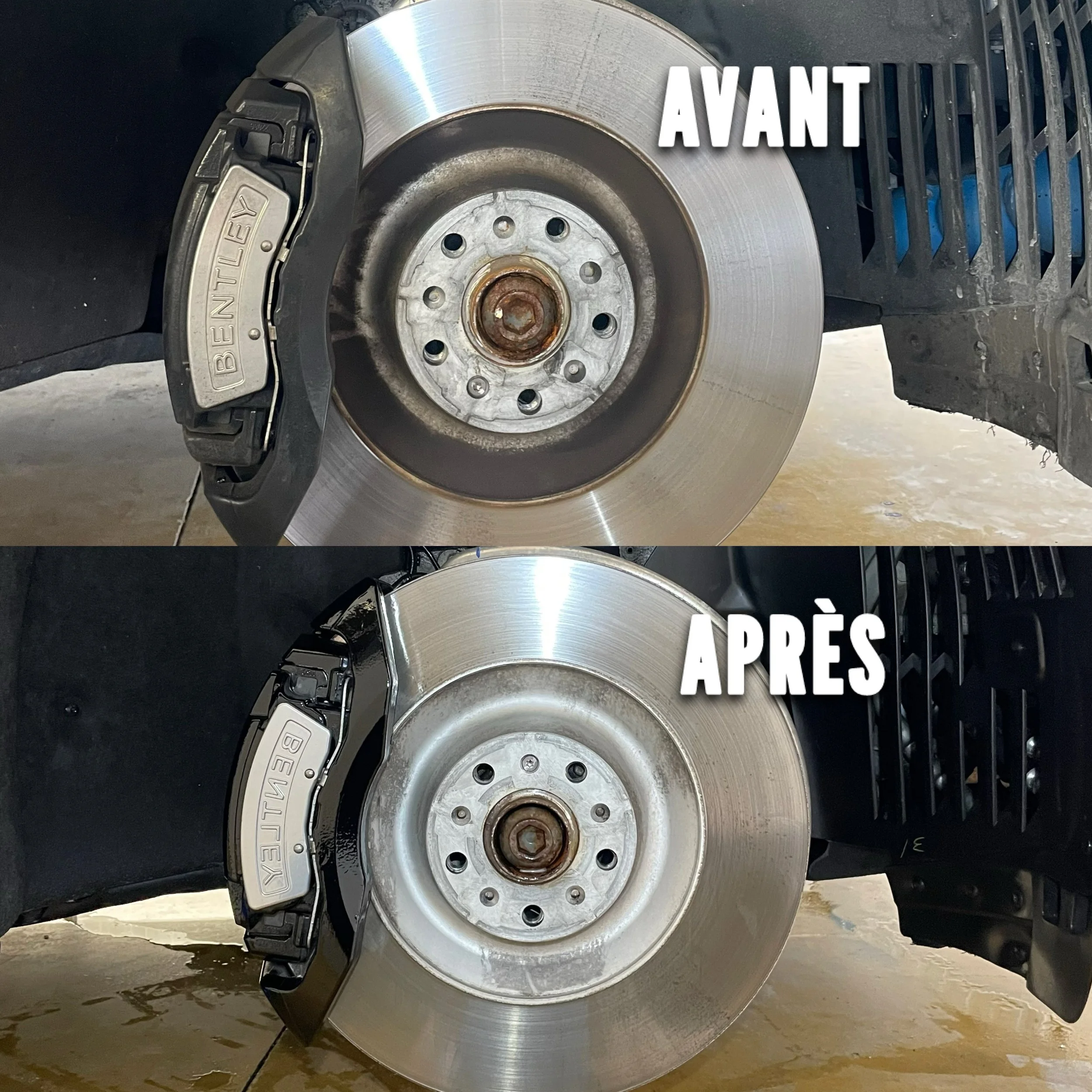 Comparison des freins // dessus avant usé, dessous après remplacement, avec inscription 'AVANT' et 'APRÈS' sur chaque image