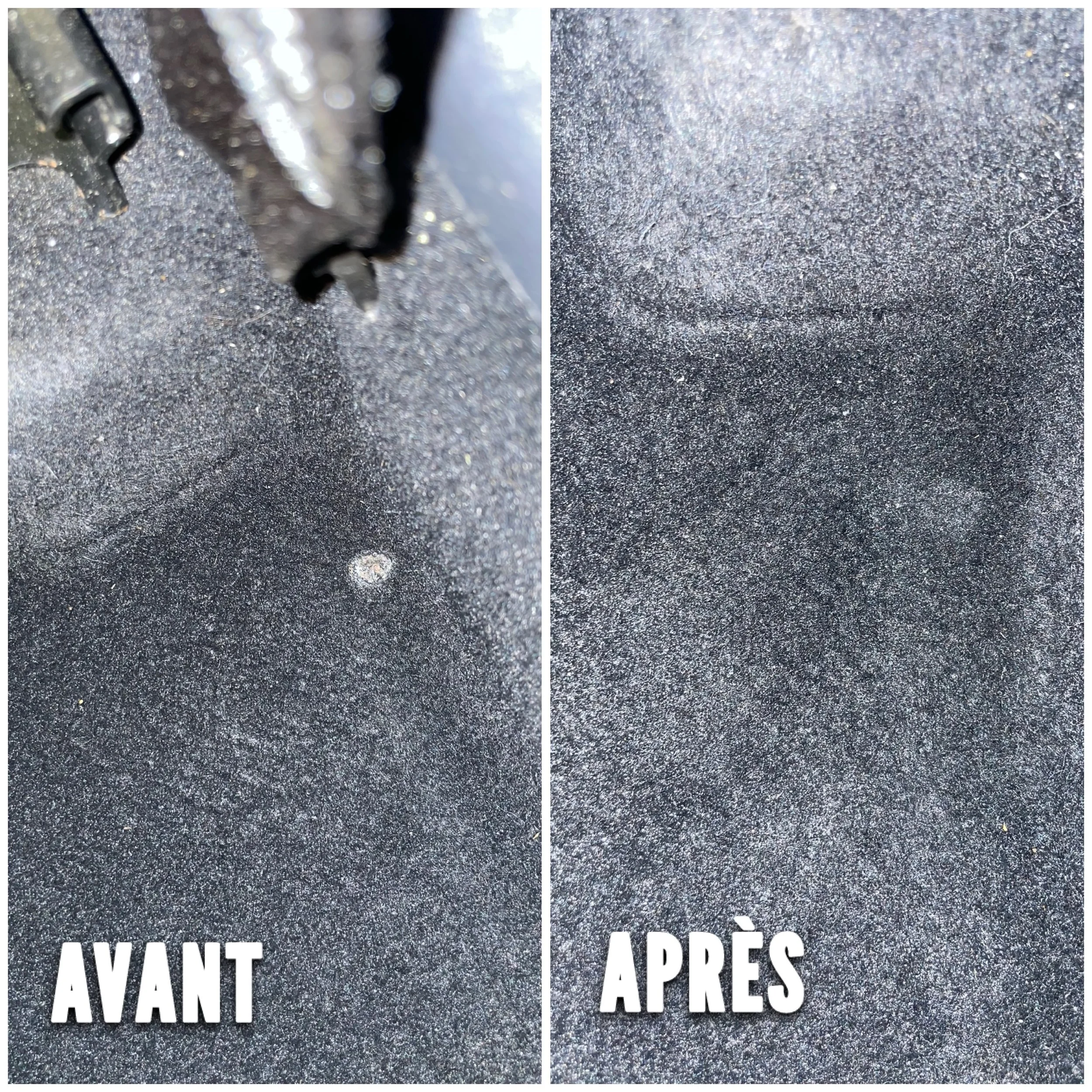 Comparaison de deux surfaces, avant et après nettoyage. La surface de gauche est sale avec une tache ou débris, tandis que la surface de droite est propre et sans taches.