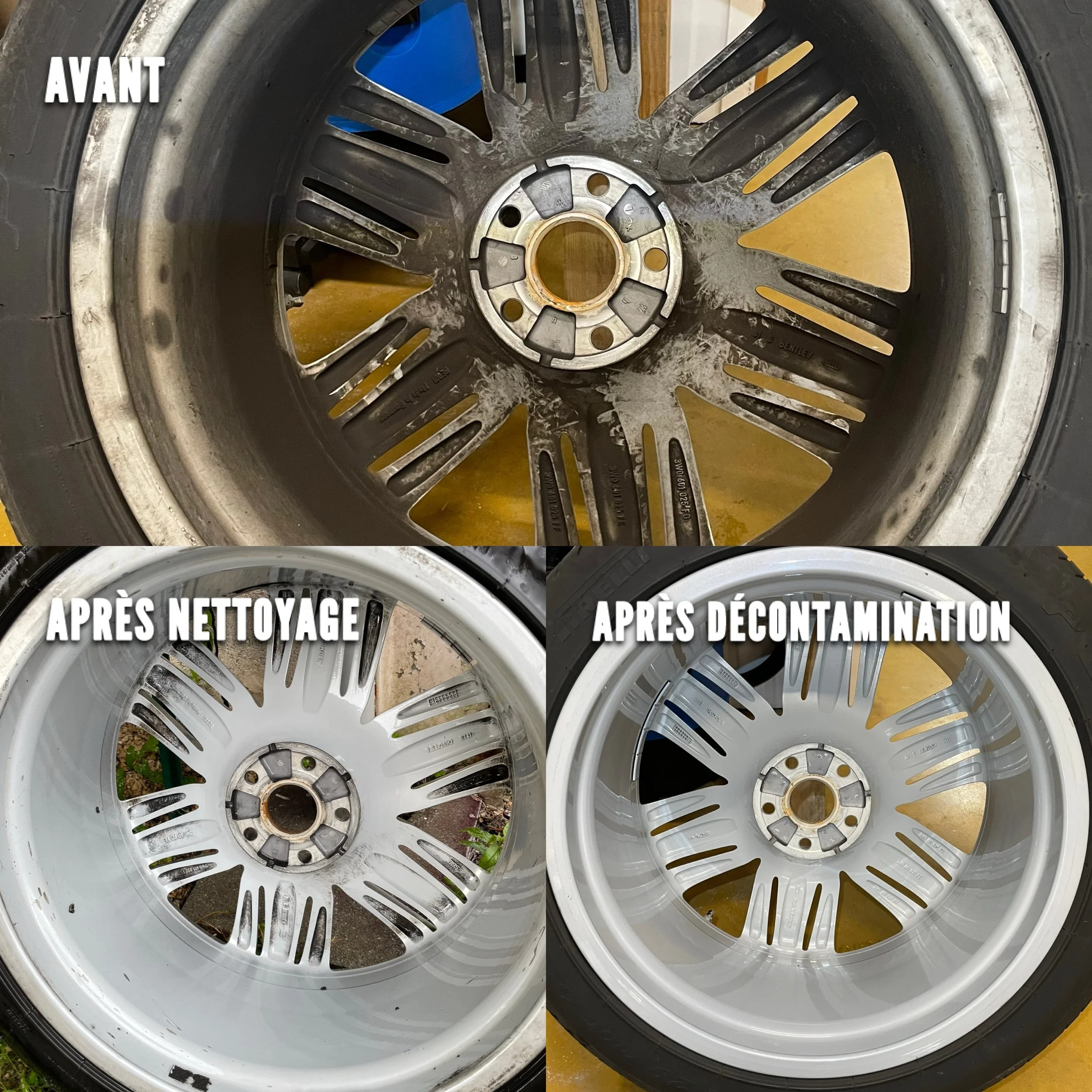 Trois images de jantes de voiture, la première montre une jante sale et rouillée avant nettoyage, la deuxième une jante propre après nettoyage, et la troisième une jante encore plus brillante après décontamination.