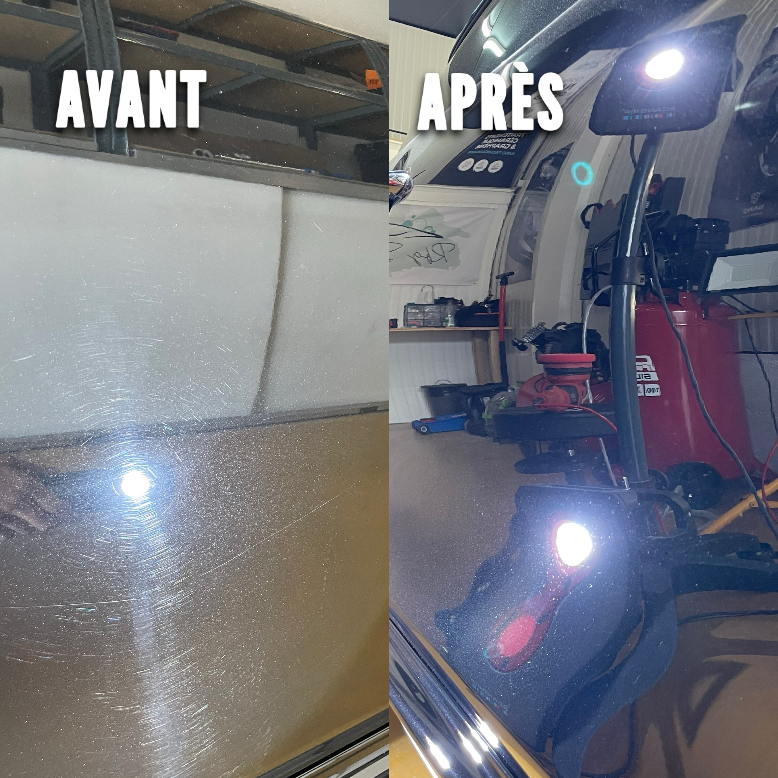 Comparaison du pare-brise d'une voiture avec des rayures avant et après un polissage ou une réparation, montrant la différence de surface propre et rayée.