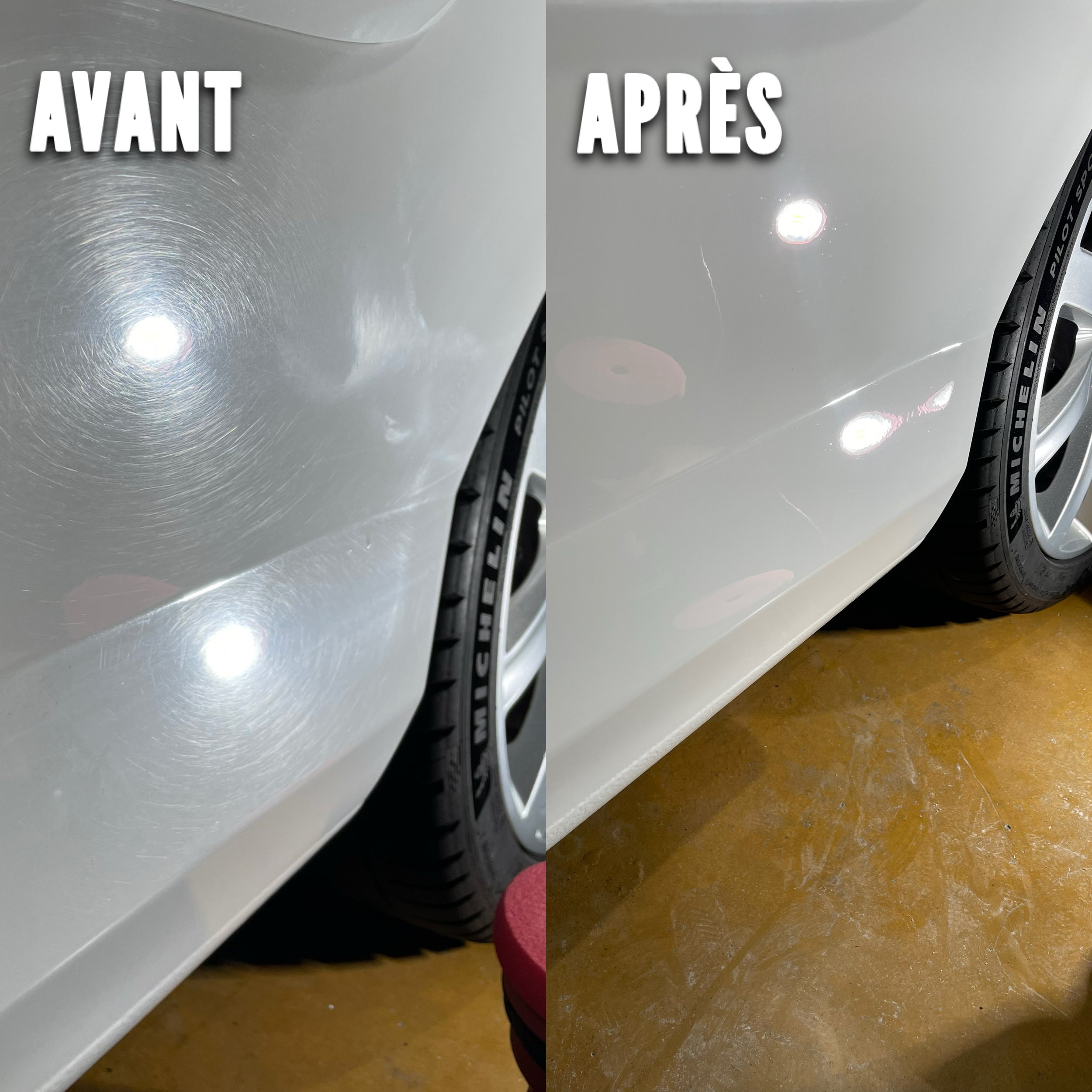 Avant après, photo d'une voiture blanche montrant la graisse et les rayures sur la peinture avant nettoyage et leur suppression après nettoyage, avec le logo des pneus Michelin.