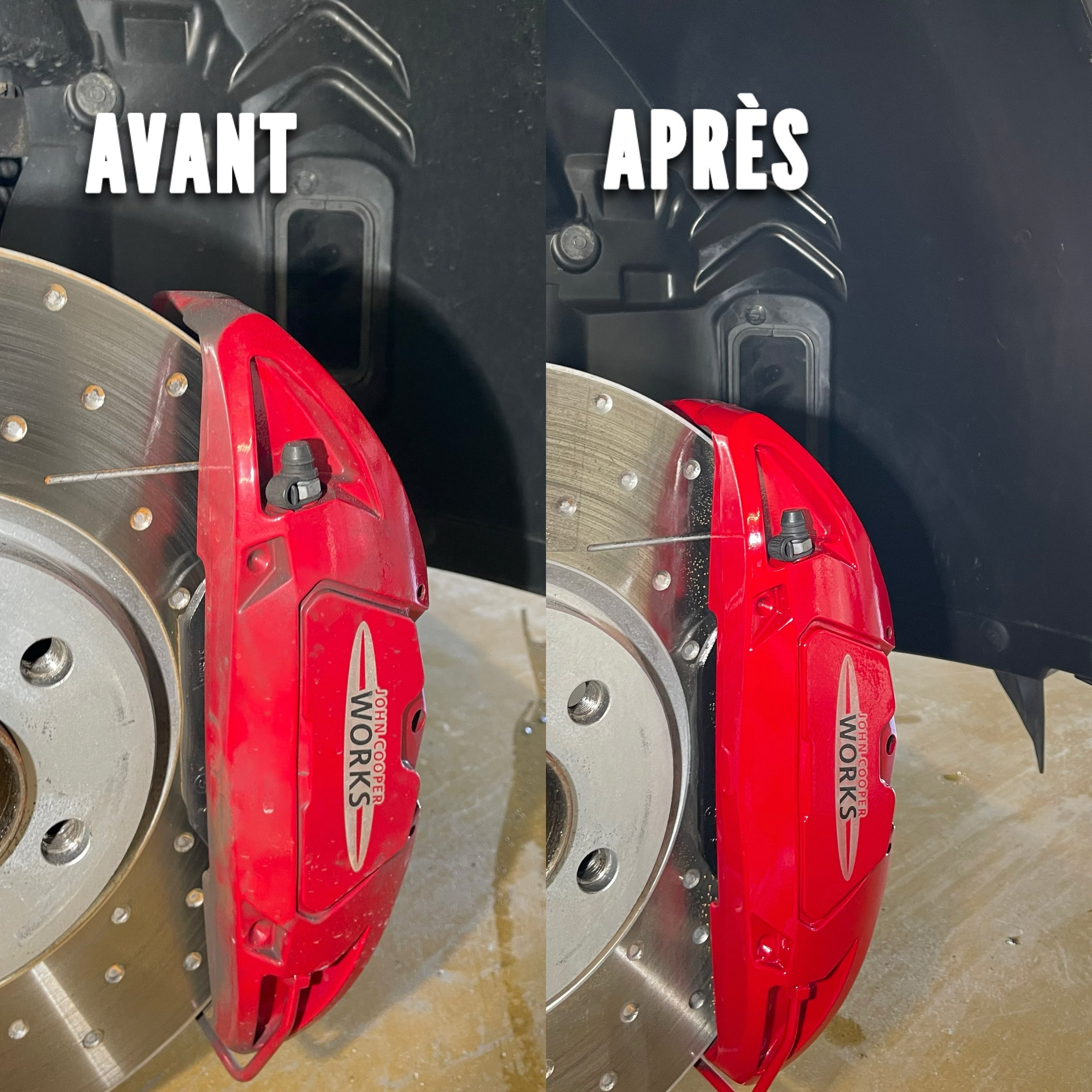 Avant et après un nettoyage, une pièce de frein de voiture avec un étrier rouge sur un disque de frein en métal est montré, avec des différences visibles de propreté et de brillant. 