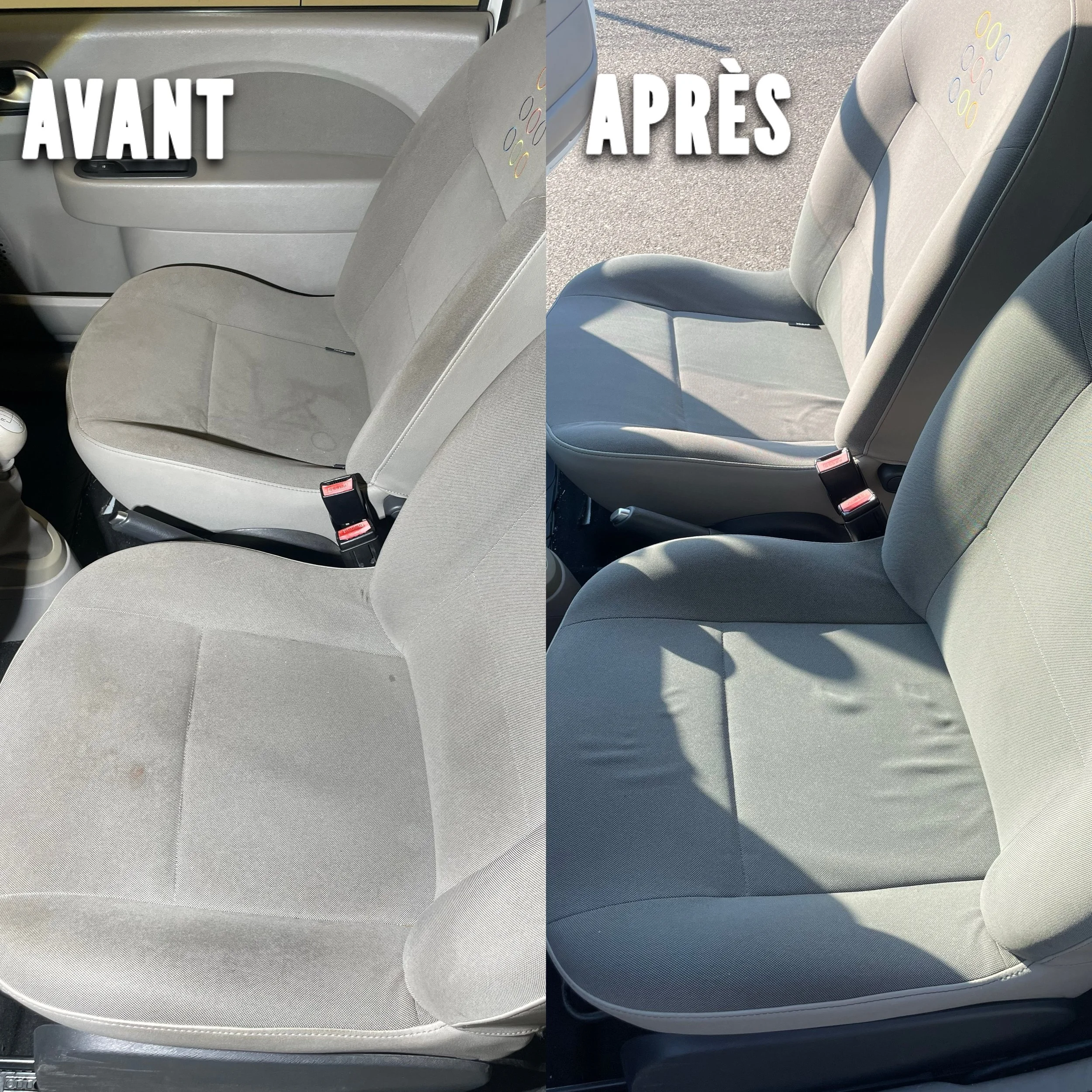 Cuirs de sièges de voiture avant et après nettoyage, montrant une différence notable de propreté et de fraîcheur.