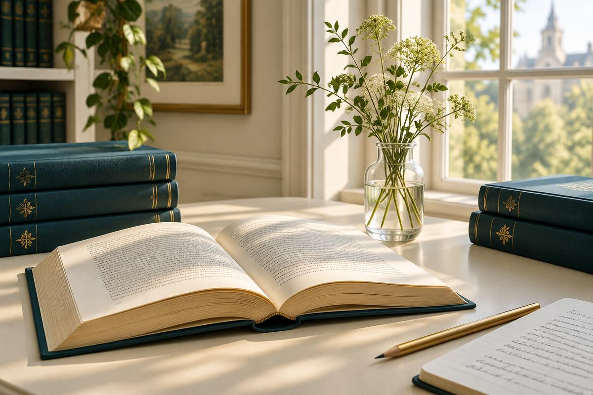 A well-lit desk with an open book, several stacked large blue books, a pen, a notepad with handwritten notes, and a vase with white flowers near a window showing a view of trees and a building.