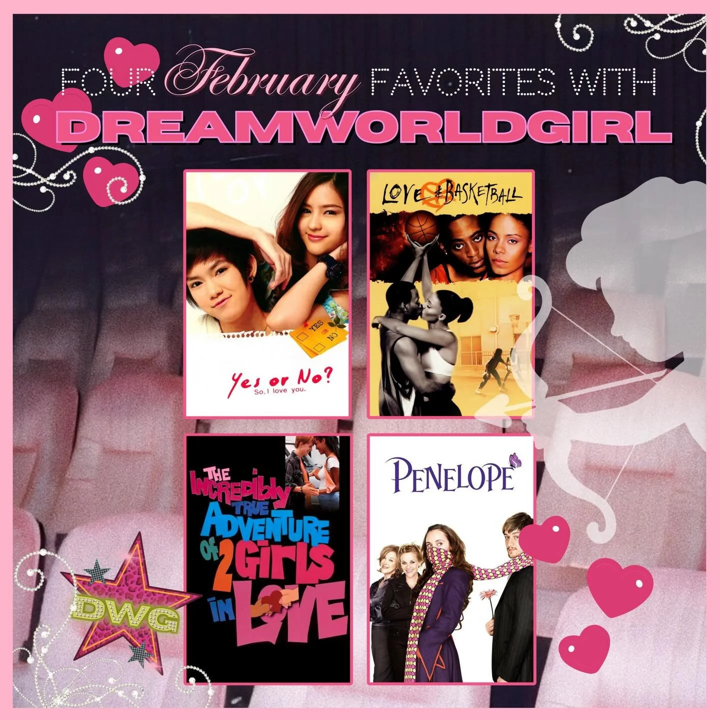DWG is in the mood for 𝓁𝑜𝓋𝑒 💞🍿 we&rsquo;re back with another batch of our four favs, this time perfect for your next night in 🏹 #letterboxd #movies #film #romcom

graphics by @emmursss xoxo
