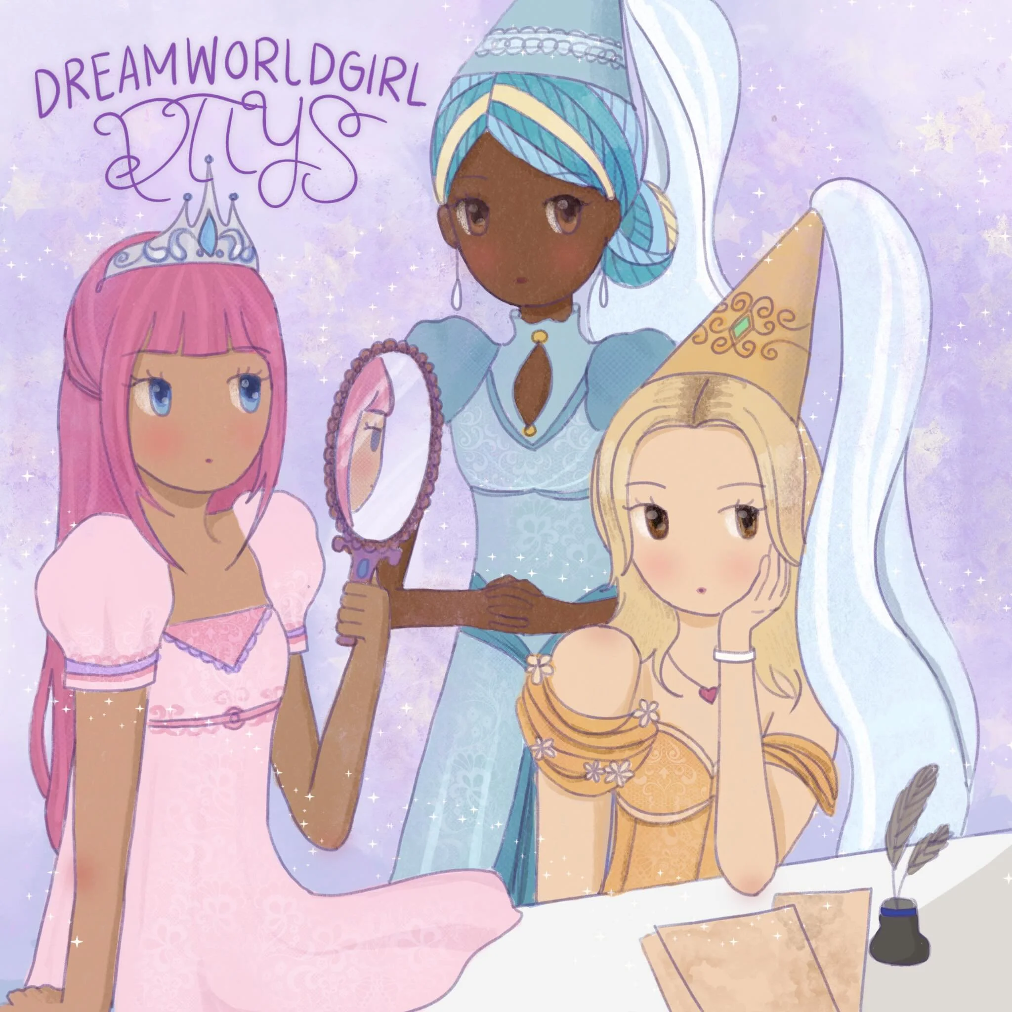Once upon a time in a land far, far away, three dreamworldgirl oc&rsquo;s got dressed for yet another #DREAMWORLDGIRLDTIYS ✨🏰👸🏾

Post your drawings of Celeste, Soleil, and Angel AS PRINCESSES with the hashtag #dreamworldgirldtiys for a chance to p