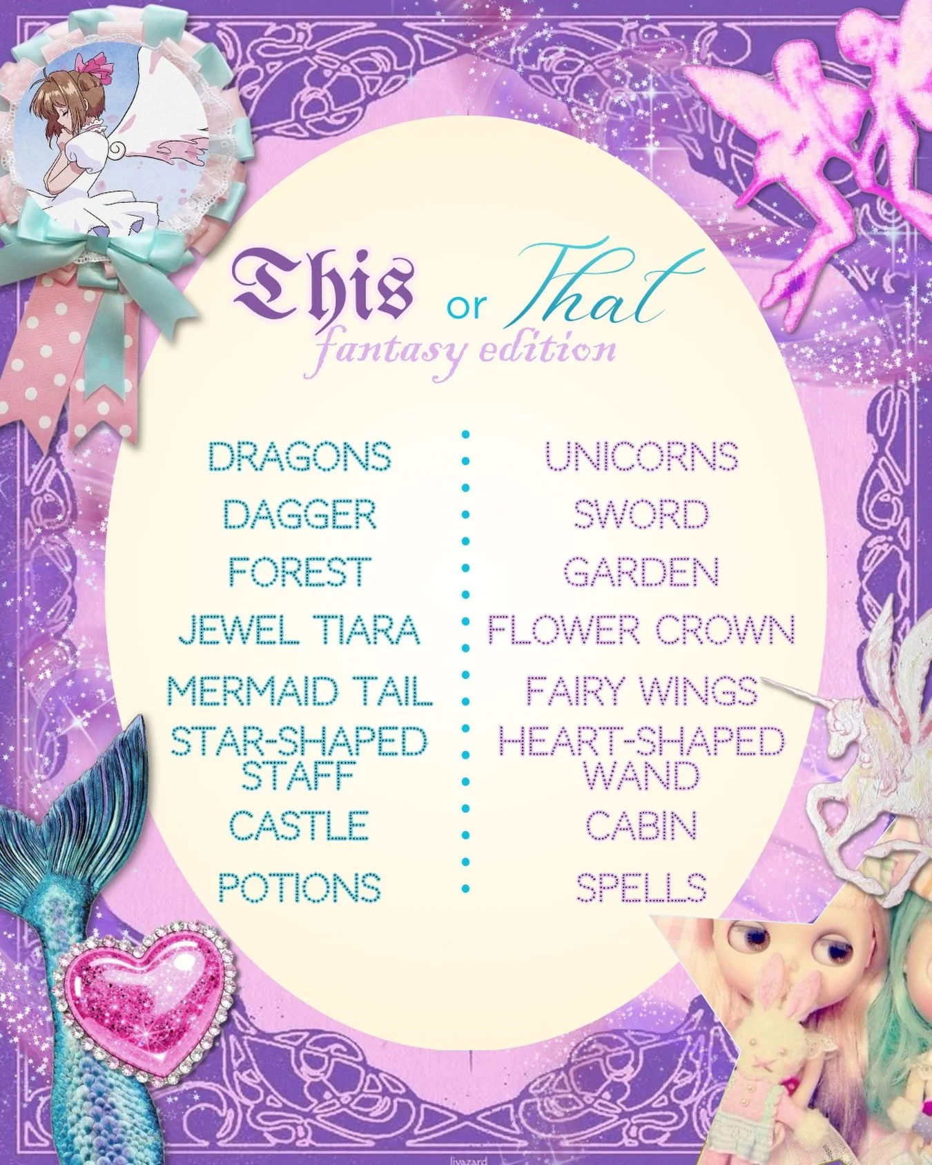 🏰🦄🔮🎶💌 
lets play a fantasy-inspired game of this or that! 🌟 let us know in the comments which ones you prefer 💓🧜&zwj;♀️ 

Graphics by @kriztinevo 💫