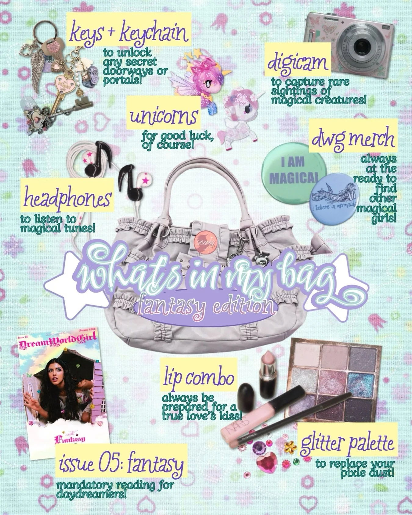 showing off some of our fantasy essentials and recommendations to keep with you while you&rsquo;re out and about&hellip;👛🌟💄🪽

graphics by @kriztinevo
