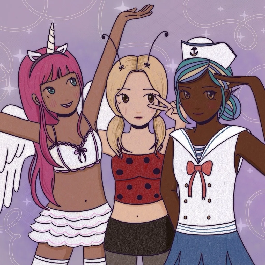 did you miss our OCs?! here&rsquo;s what angel, soleil and celeste are wearing for halloween this year 🦄🐞⛵️ art by @kriztinevo 

p.s. watch these beloved characters come to life on youtube @thetheoryshortfilm 🎬

#dreamworldgirlzine #halloween #ocs