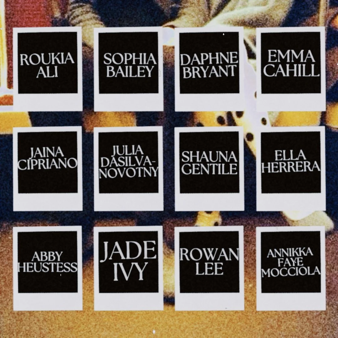 Twelve black square cards with white text displaying various names on a colorful background.