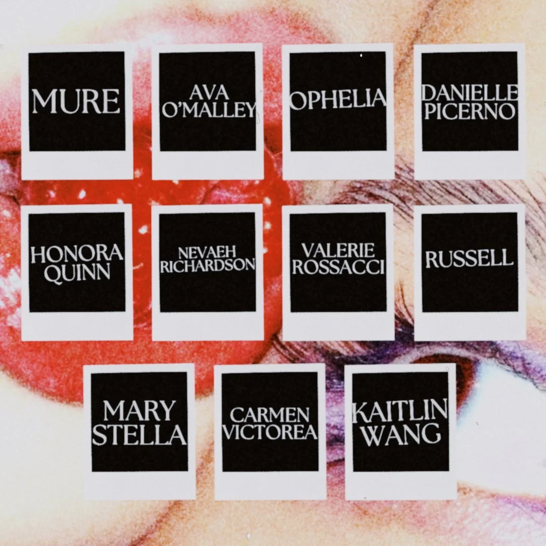 Collage of black squares with white names, placed over a colorful background. Names include Mure, Ava O'Malley, Ophelia, and others.
