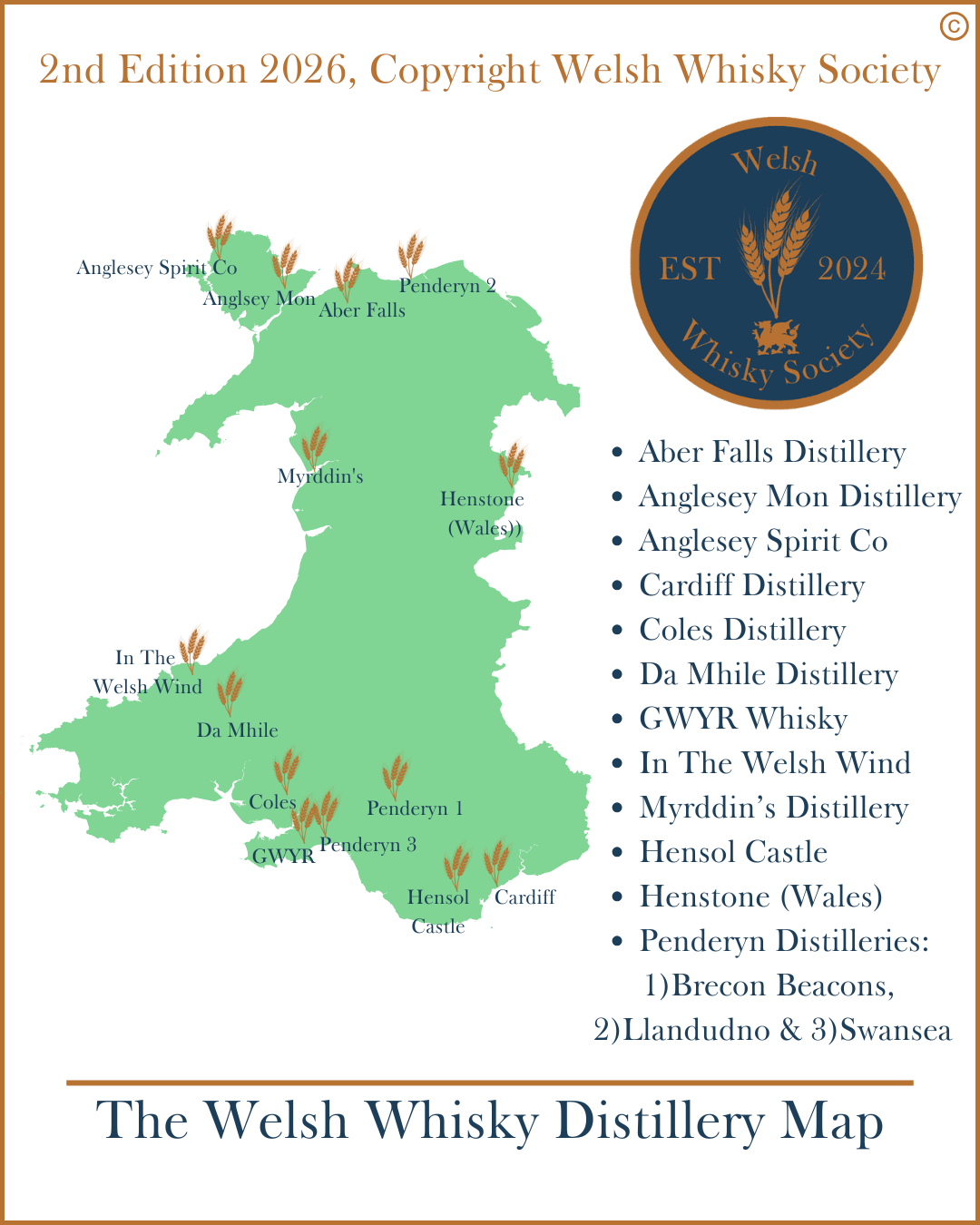Map of Wales illustrating locations of Welsh whisky distilleries, with a list of distilleries and a Welsh Whisky Society logo in the top right corner.