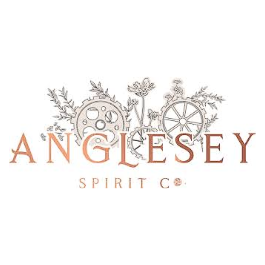 Logo for Anglesey Spirit Co featuring gears, flowers, and botanical elements with the company name in stylized text.
