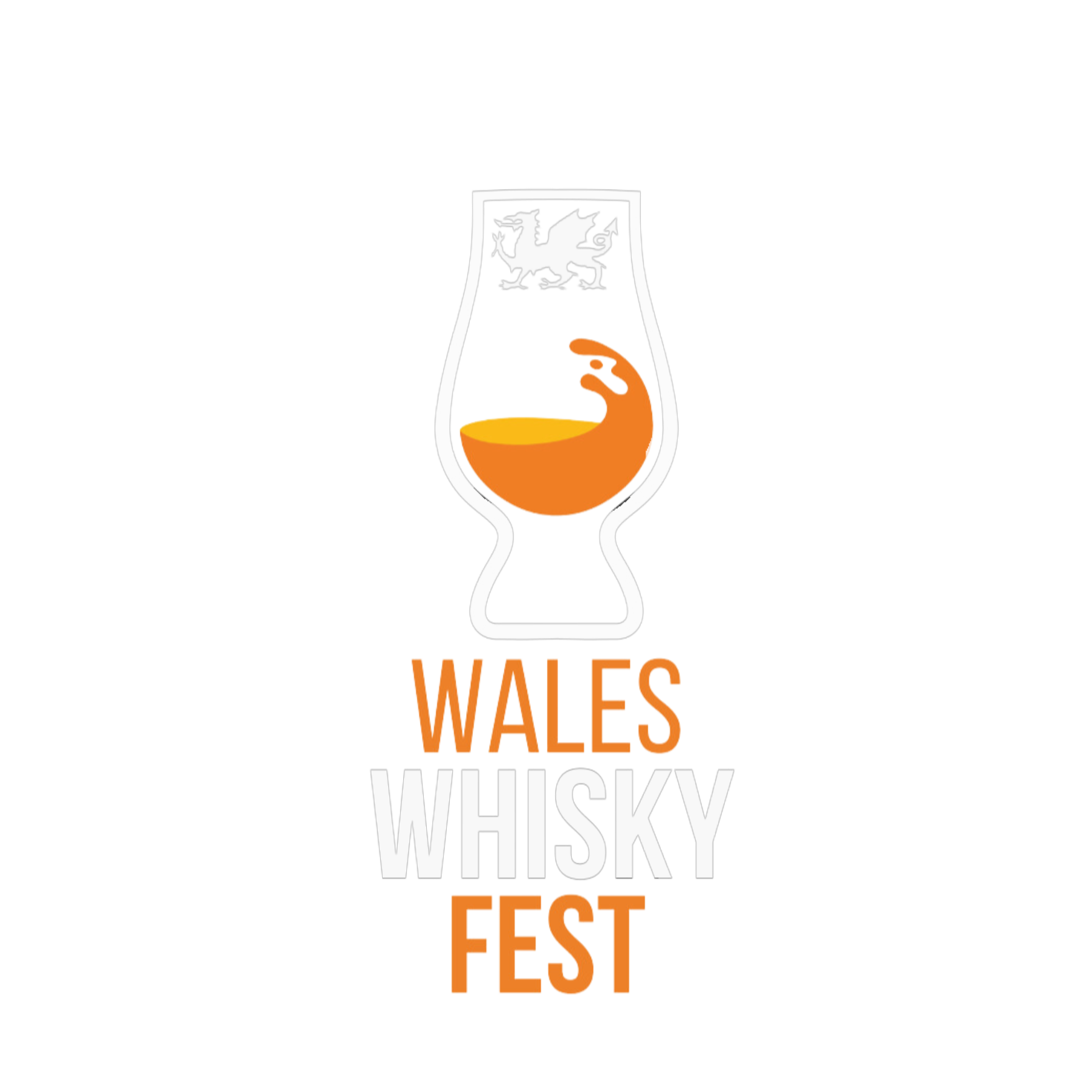 Logo for Wales Whisky Fest featuring a whisky glass with a dragon inside and bold text reading 'WALES WHISKY FEST'.