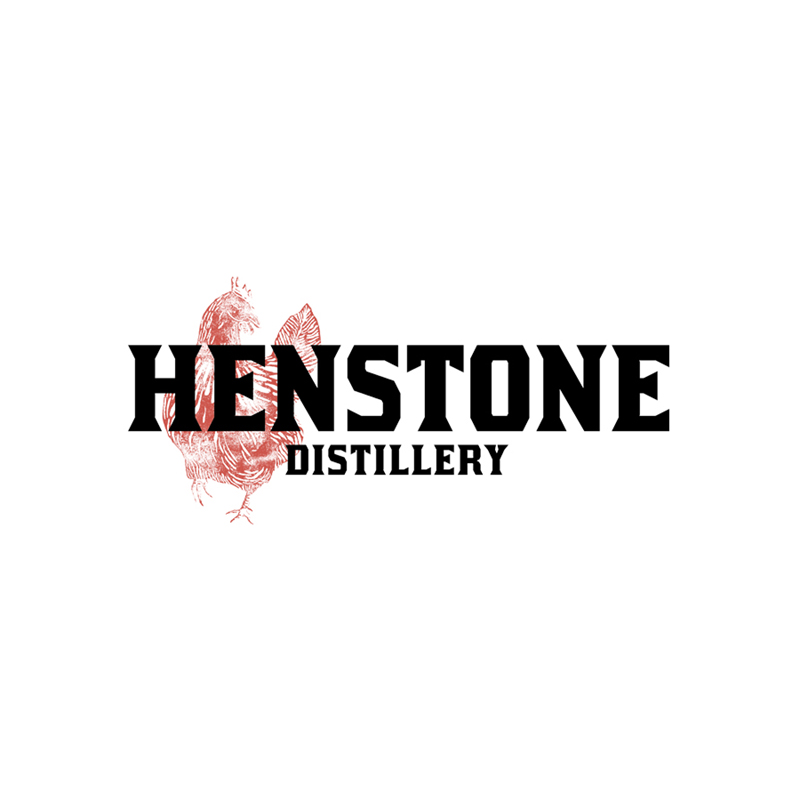 Logo for Henstone Distillery with a black stylized font and a red illustration of a fish in the background.