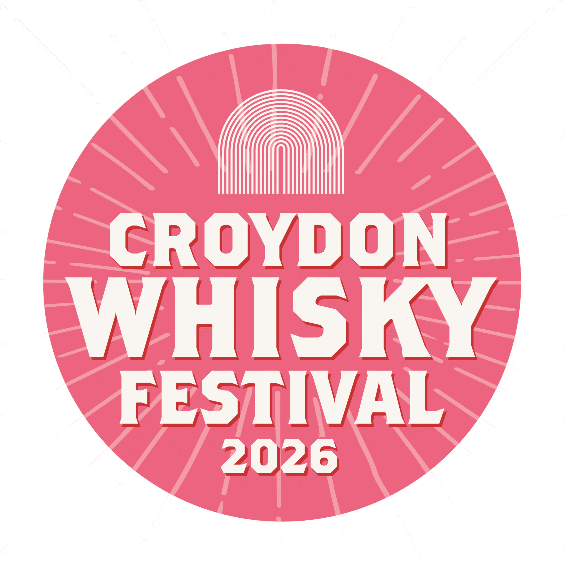 Logo for the CroyDon Whisky Festival 2026, featuring a pink circle with white text and a stylized rainbow above the text, with radiating lines in the background.