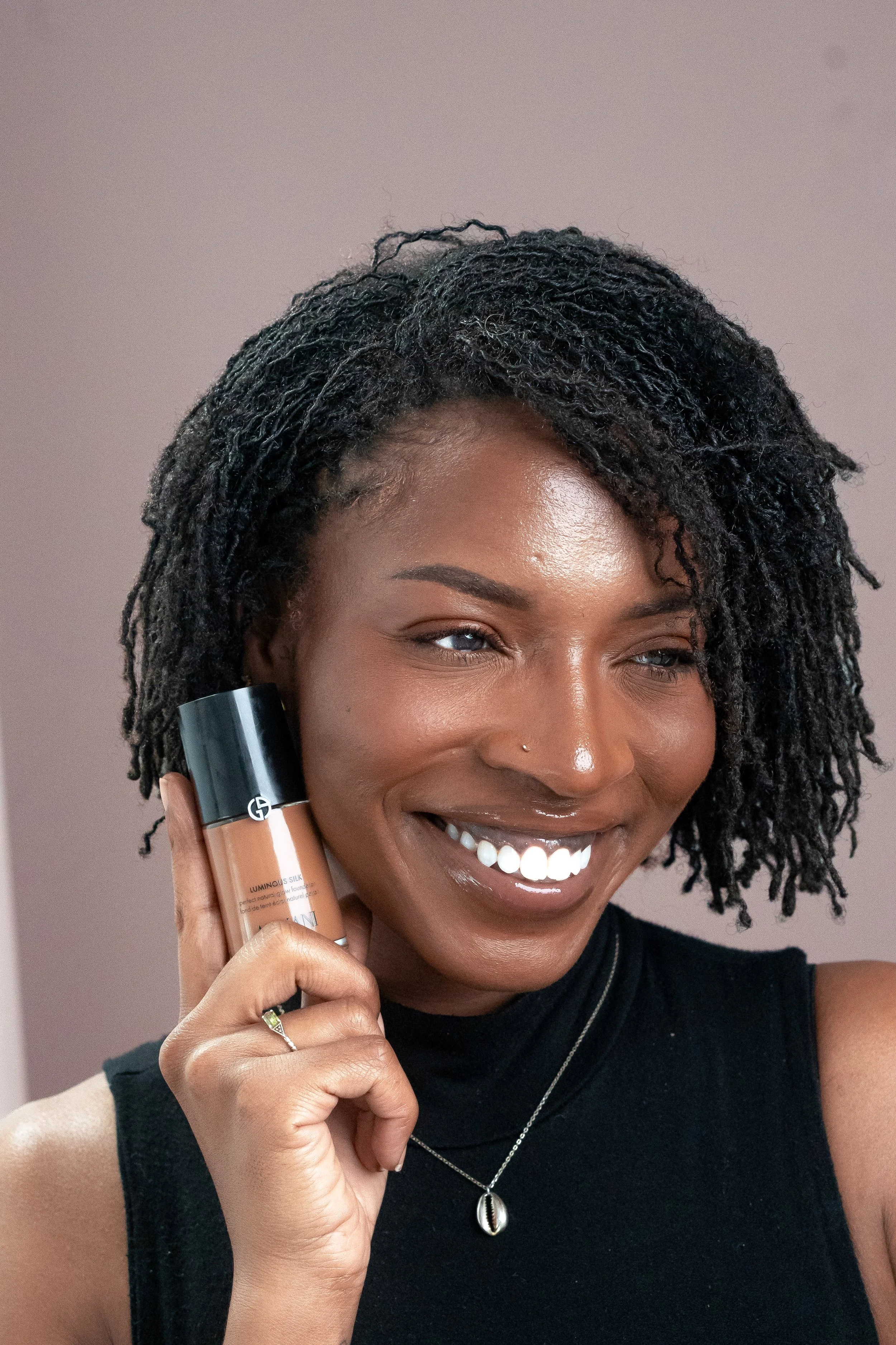 African American Model, beautiful, smiling, with Micro Locked Bob wearing Armani Beauty Foundation Shade 11.75 deep natural glam.jpg