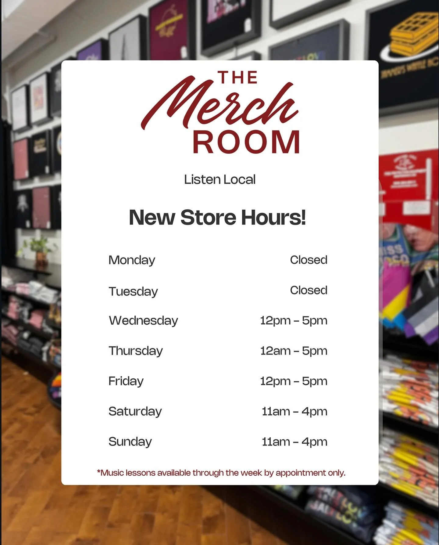 New Merch Room hours!  Music lessons are available beyond these, but if you&rsquo;re coming to shop, here are the hours we can help you out!  PLUS&hellip;the new #GaltLove @thetinypaintcompany sweaters and tote bags have arrived!! Come on by!